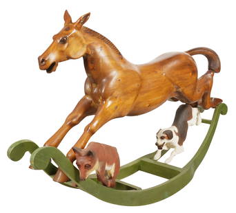 Trevor Wiffen: Folk Art Rocking Horse: late 20th century; carved and painted wood; unsigned; depicting a running horse, fox and hound 45 x 74 x 22 in. (114.3 x 188 x 55.9 cm.) Provenance: Property from J. J. Blick's Lukenheimer House, Pasa