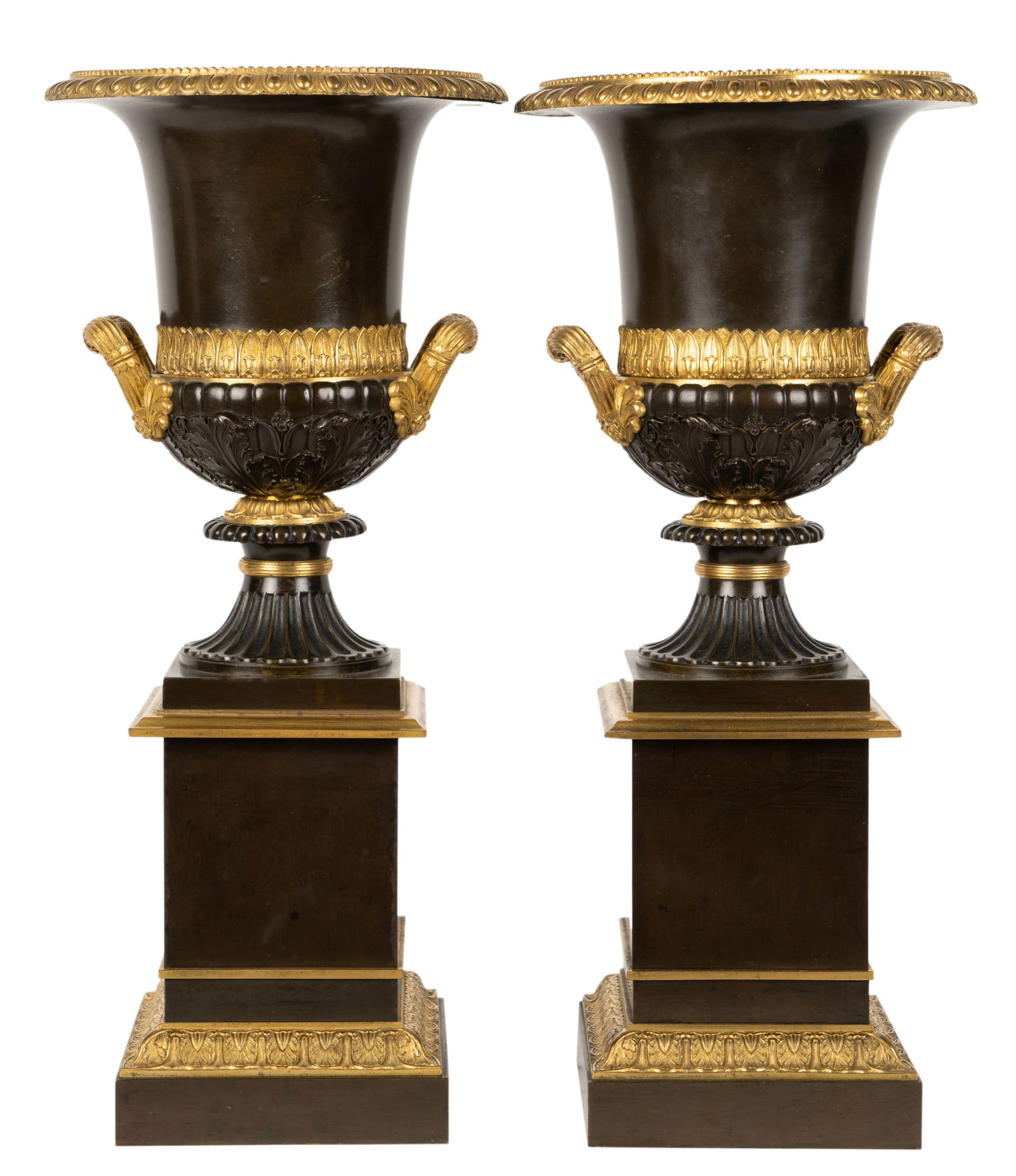 Pair of Neoclassical-Style Patinated and Gilt Bronze Campana Urns (1 of 13)