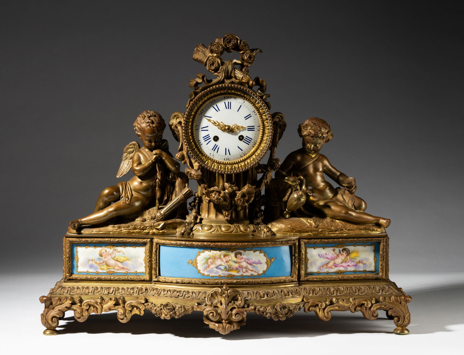 Sevres-Style Porcelain-Inset Gilt Bronze Mantel Clock (1 of 17)