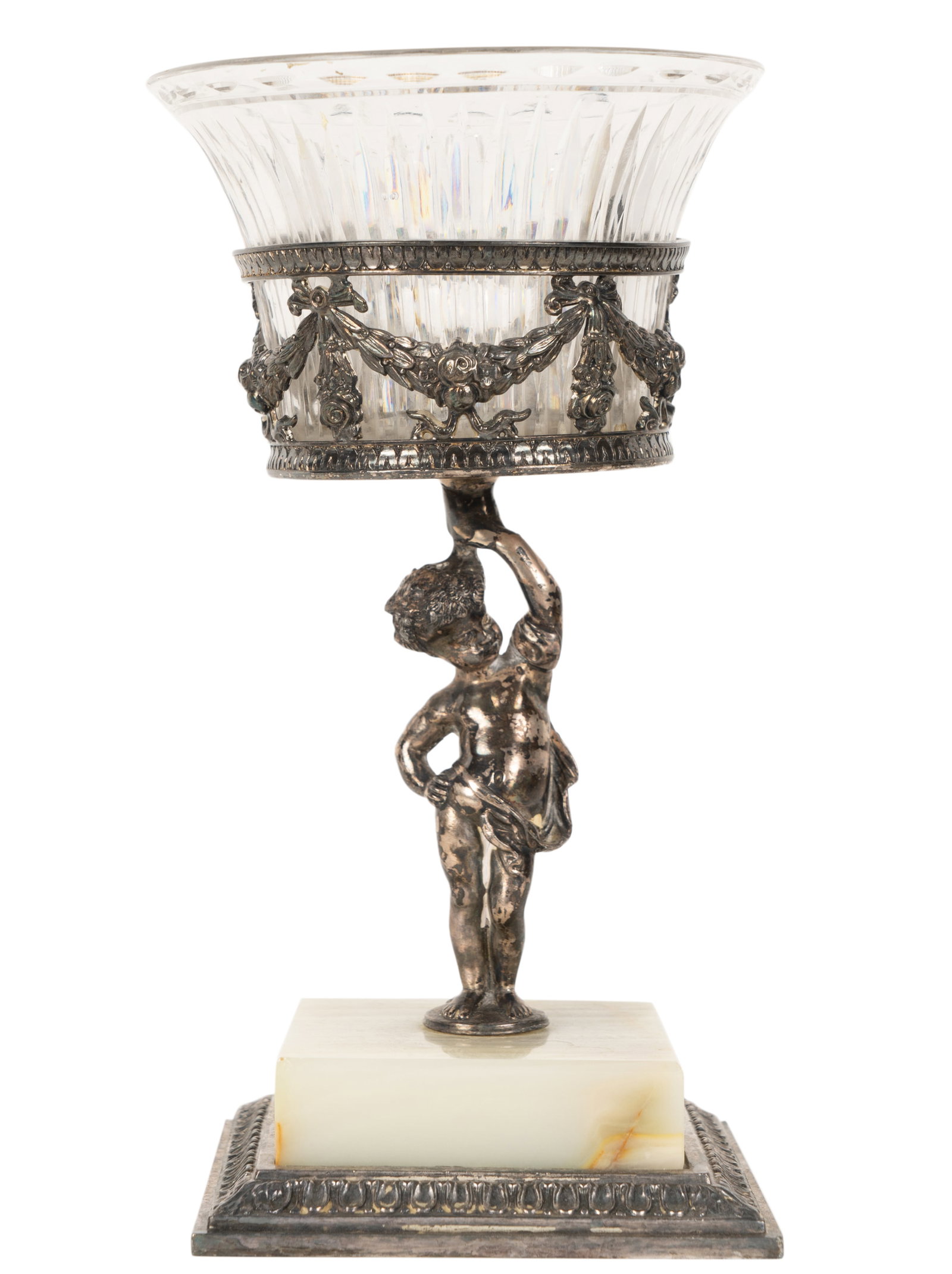 Pairpoint Silver-Plate and Glass Figural Centerpiece: with onyx base; signed to underside 9 3/8 x 5 1/8 in. (23.8 x 13 cm.) Provenance: Property from the Dr. Levinson Estate, Los Angeles, California