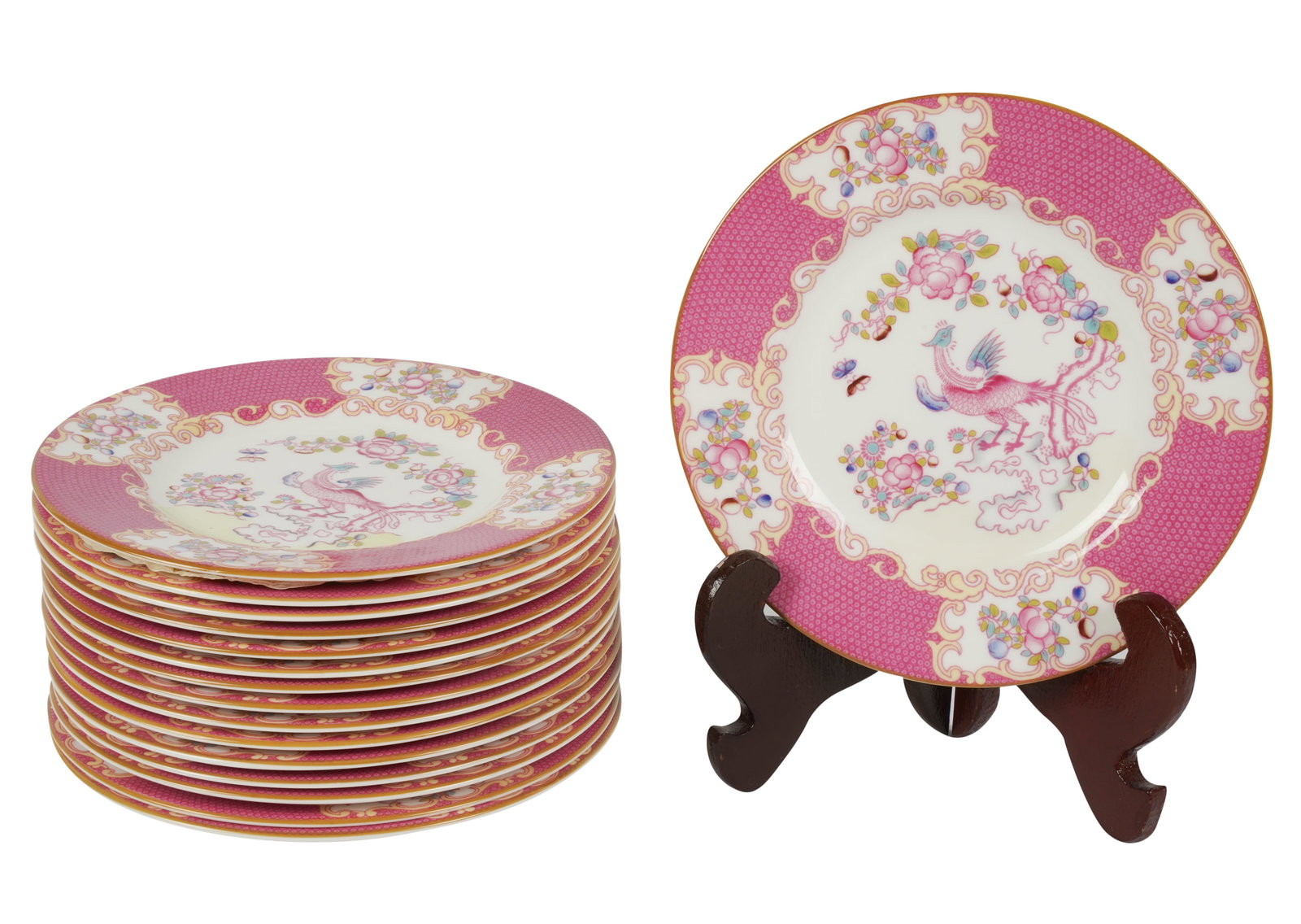 Set of 16 Minton Bone China Bread Plates: "Pink Cockatrice" pattern; printed factory marks 6 1/2 in. (16.5 cm.) dia. Provenance: Property from a Wilshire Corridor Penthouse Estate, Los Angeles, California