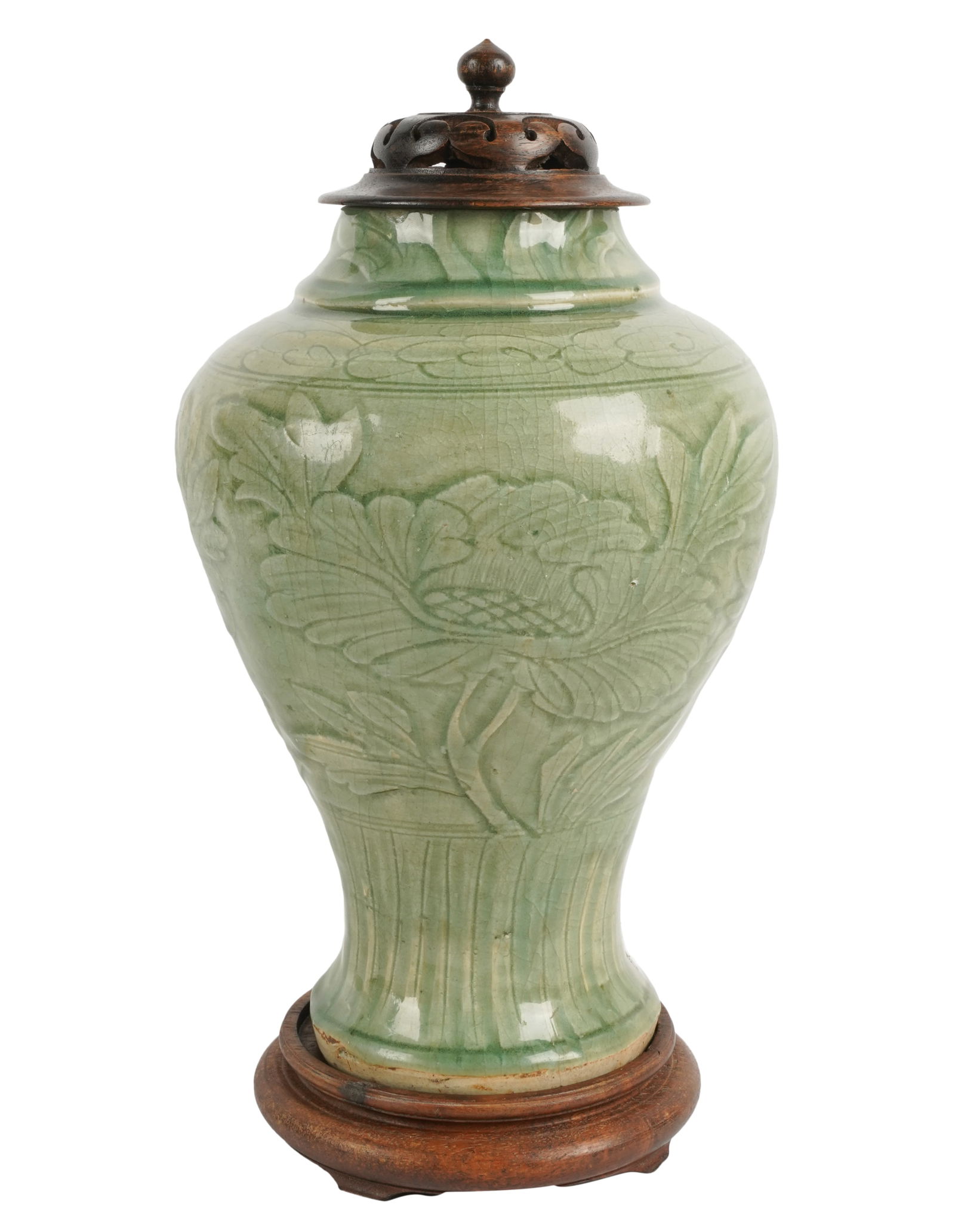 Chinese Celadon-Glazed Vase: with wooden stand and cover Overall: 16 x 8 in. (40.6 x 20.3 cm.)