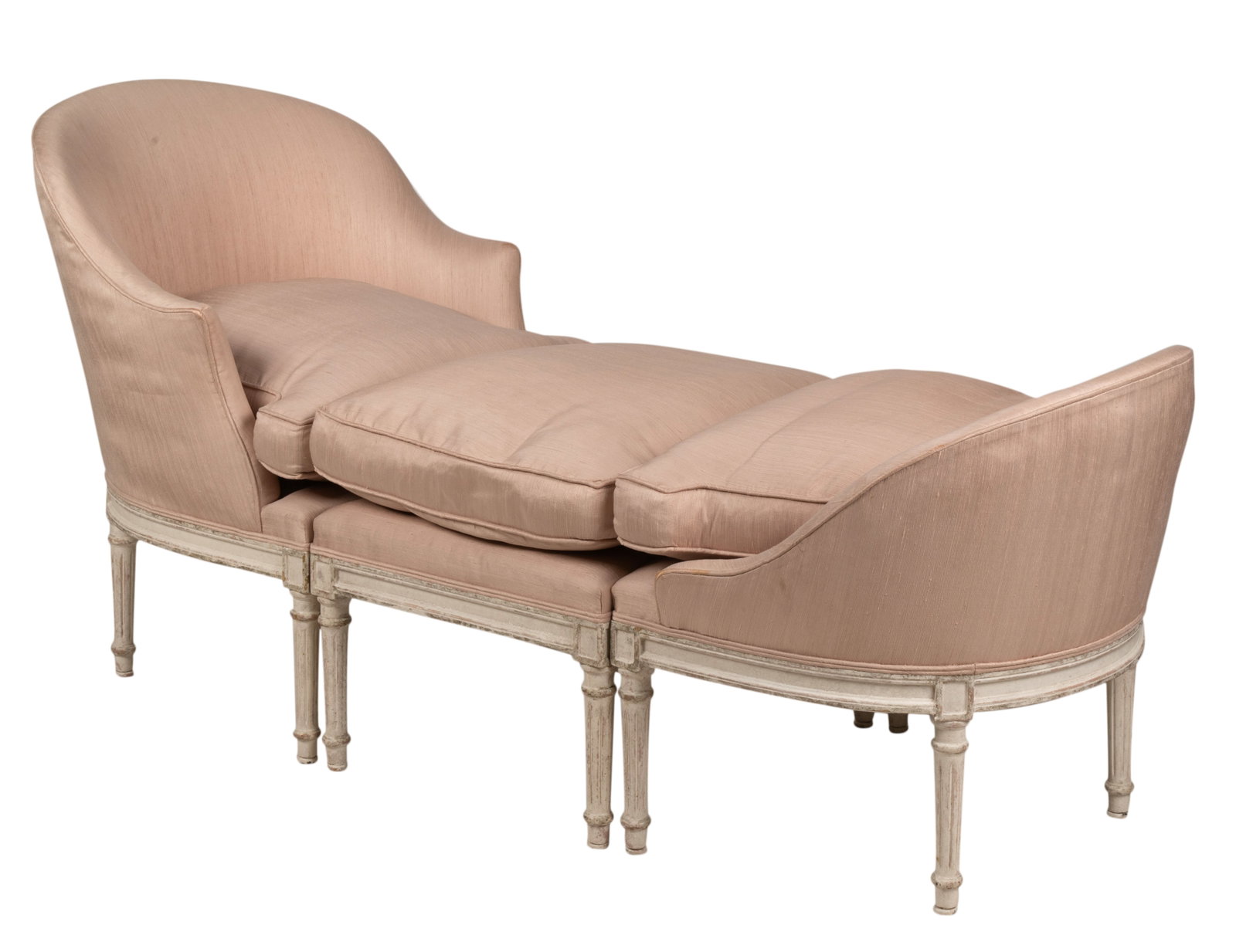 Louis XVI-Style Painted Duchesse Brisee: in three parts Overall: 32 1/2 x 71 x 26 in. (82.6 x 180.3 x 66 cm.), Seat height: 18 in. (45.7 cm.) Provenance: Property from a Wilshire Corridor Penthouse Estate, Los Angeles, California