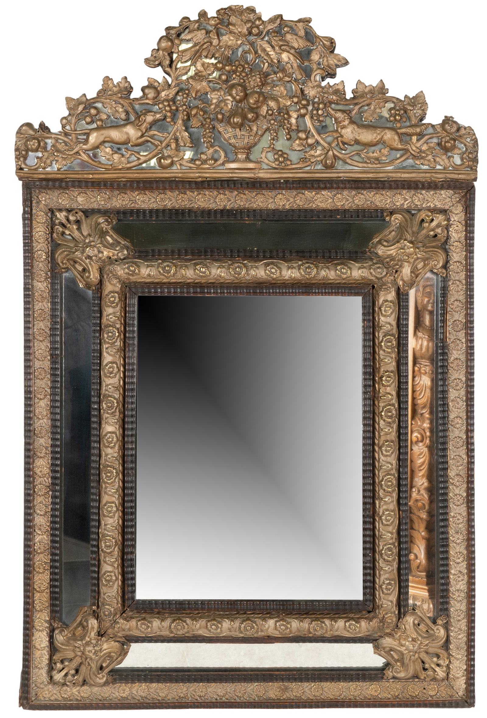 Portuguese Giltwood Cushion Wall Mirror: crested with a flower-filled urn flanked by two dogs 43 1/2 x 28 1/2 in. (110.5 x 72.4 cm.) Provenance: Property from the Dr. Levinson Estate, Los Angeles, California