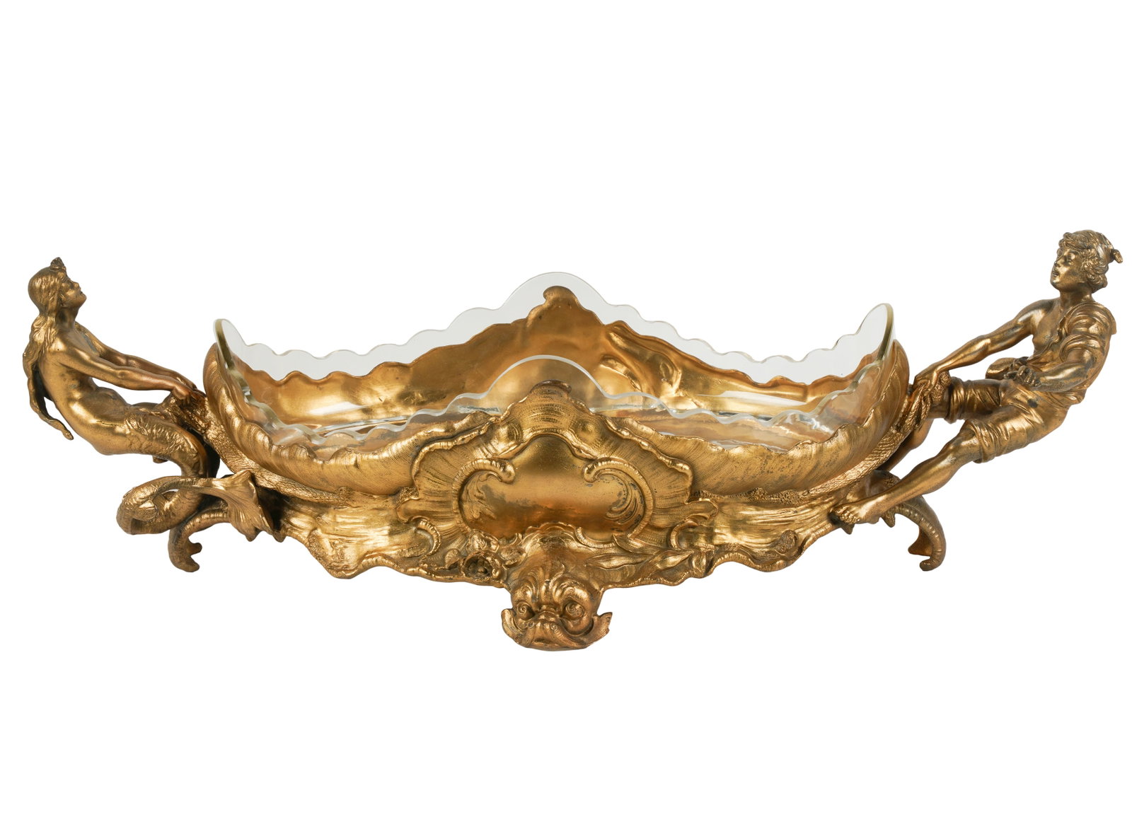 Gilt Bronze Figural Center Bowl: with original cut-glass liner; unmarked 6 3/4 x 21 1/2 x 9 1/2 in. (17.1 x 54.6 x 24.1 cm.) Provenance: Property from a Wilshire Corridor Penthouse Estate, Los Angeles, California