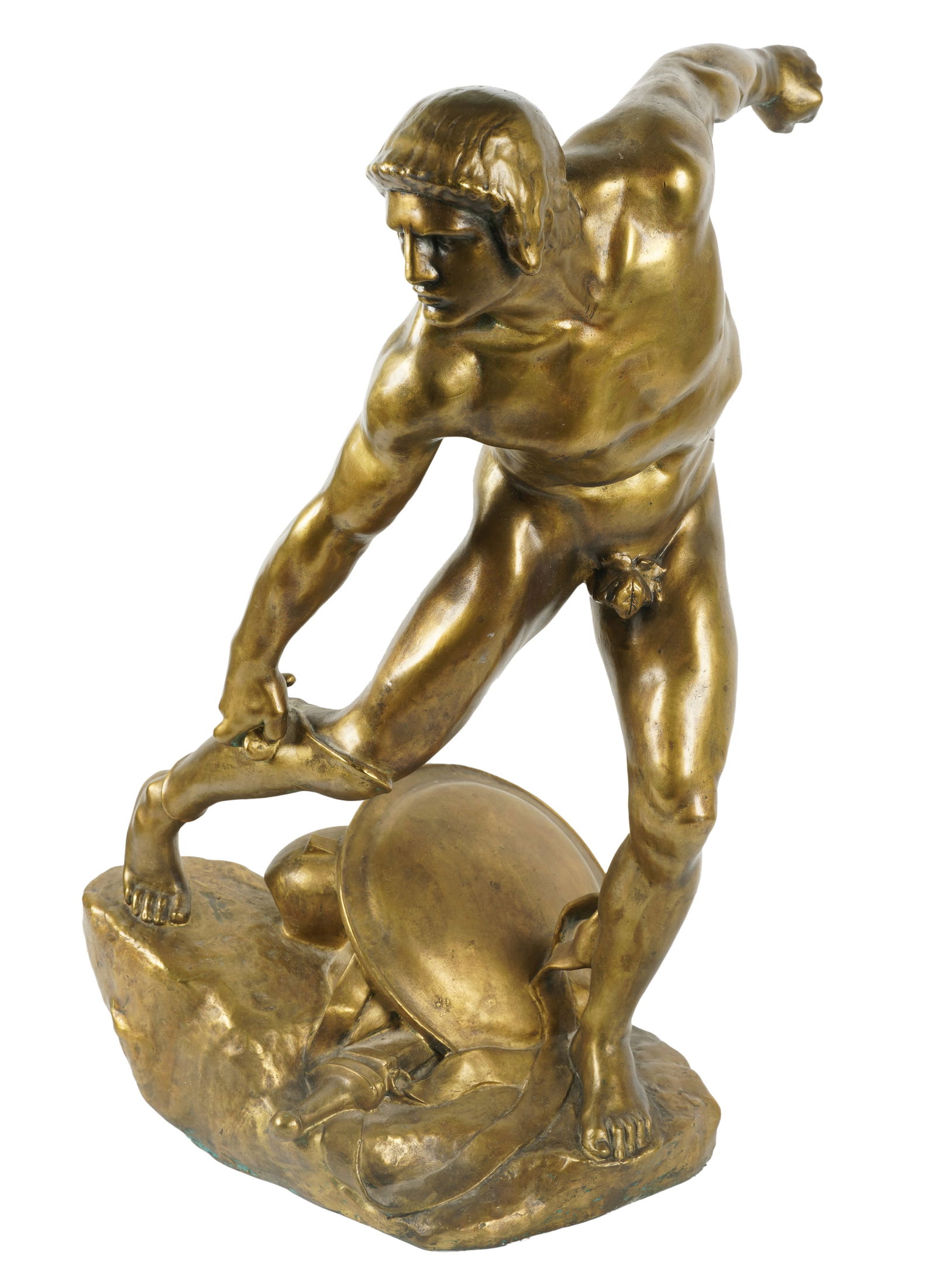 Constant Roux (1865-1942): The Anger of Achilles: gilt bronze; c. 1920; signed in casting "Constant-Roux" and with Susse Freres, Paris foundry pastille, and inscribed "Susse Fres. Edts. Paris" 25 5/8 x 16 1/2 x 14 in. (65.1 x 41.9 x 35.6 cm.)