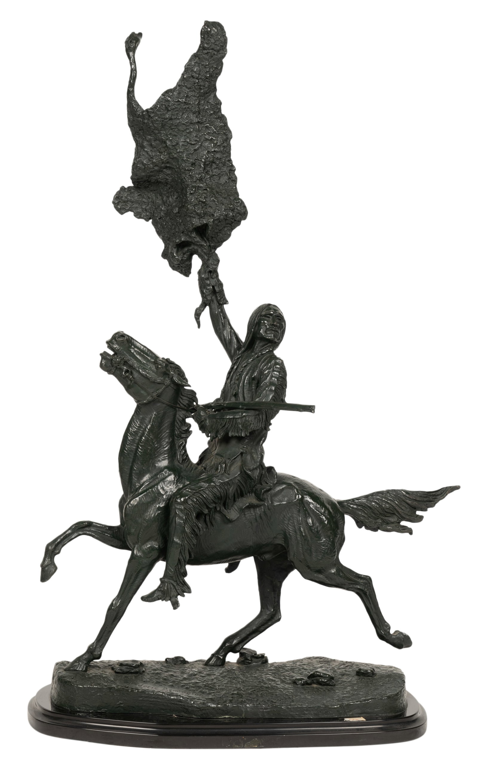 After Frederic Remington (1862-1909): The Buffalo Signal: After Frederic Remington 1862-1909 The Buffalo Signal green-patinated bronze, mounted to stone plinth signed in casting "Frederic Remington" ( no foundry mark or edition number) 35 1/2 x 23 3/4 x 9 in