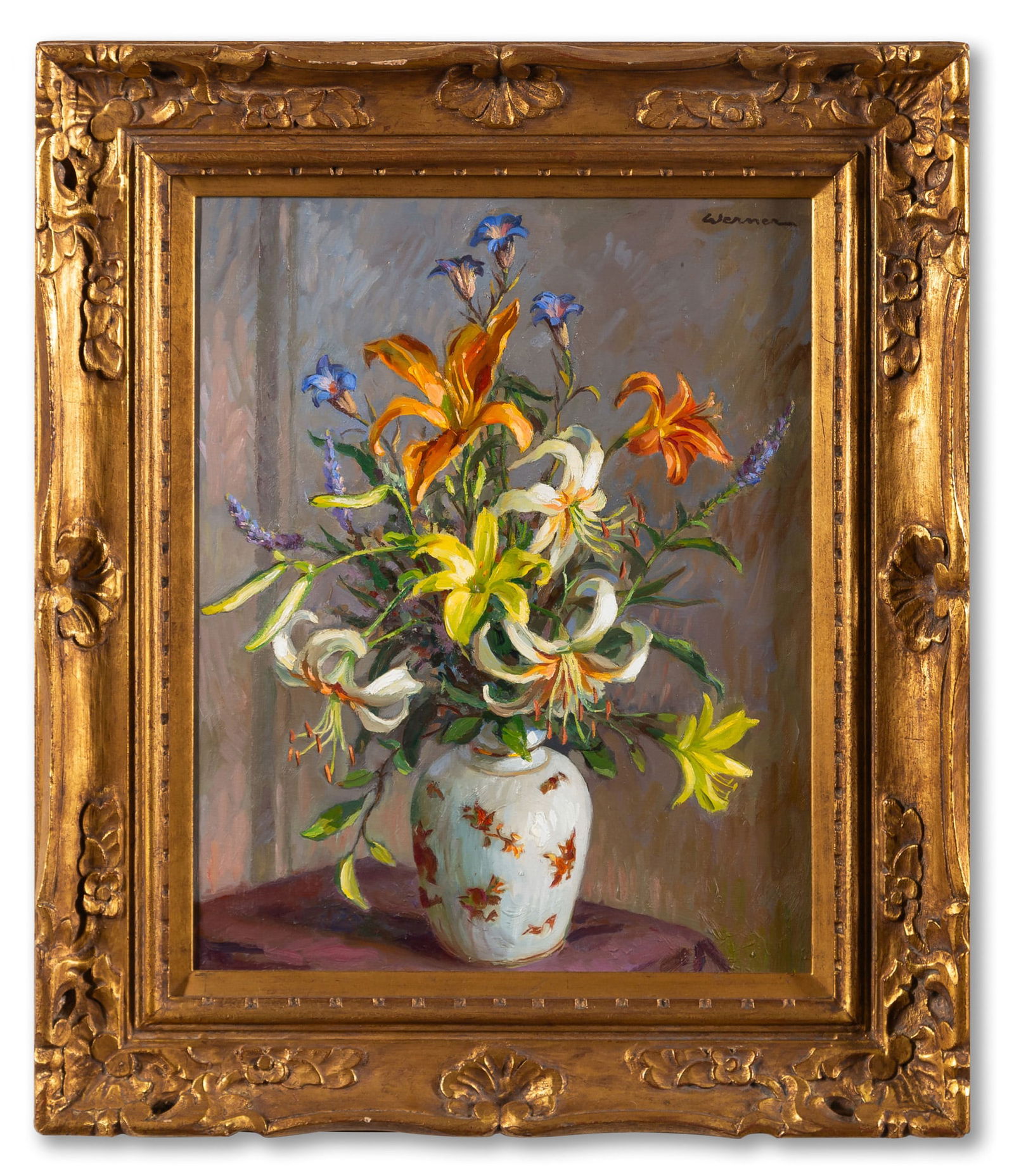 Fritz Werner (1898-1994): Jay Lillies in Chinese Vase: Fritz Werner 1898-1994 Jay Lillies in Chinese Vase oil on canvas signed upper right 20 x 16 in. (50.8 x 40.6 cm.), Frame: 27 1/2 x 23 1/2 in. (69.9 x 59.7 cm.) Provenance: From the Pacific Palisades e