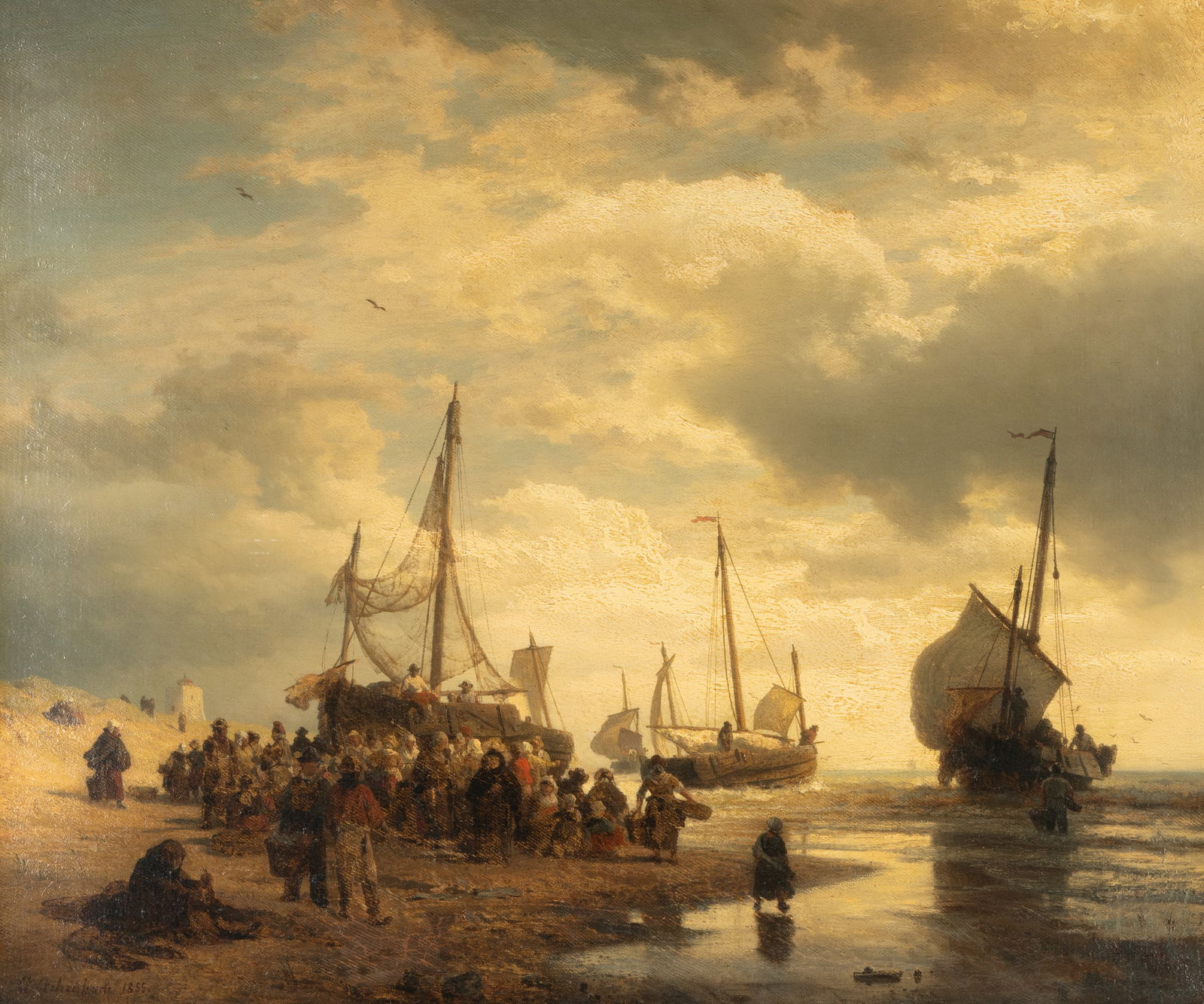 Andreas Achenbach (1815-1910): Figures and Ships on a Beach: Andreas Achenbach 1815-1910 Figures and Ships on a Beach oil on canvas, re-lined signed and dated lower left Sight: 21 1/4 x 25 1/4 in. (54 x 64.1 cm.), Frame: 27 3/8 x 31 3/8 in. (69.5 x 79.7 cm.)