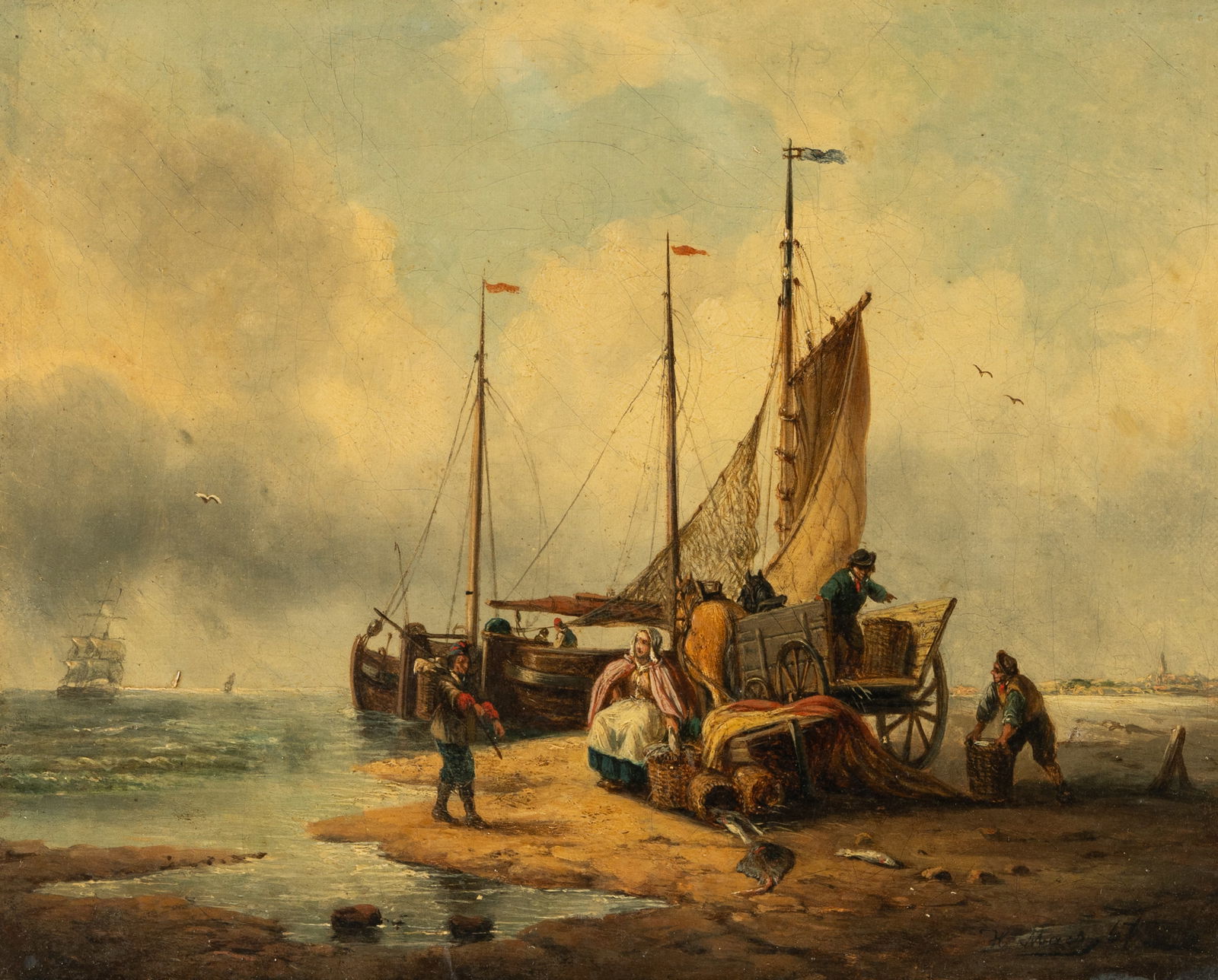 Henri Maes (19th Century): Boats and Figures on a Beach: Henri Maes 19th Century Boats and Figures on a Beach oil on canvas, re-lined signed lower right Sight: 7 1/2 x 9 3/8 in. (19.1 x 23.8 cm.), Frame: 11 3/4 x 13 3/4 in. (29.8 x 34.9 cm.)