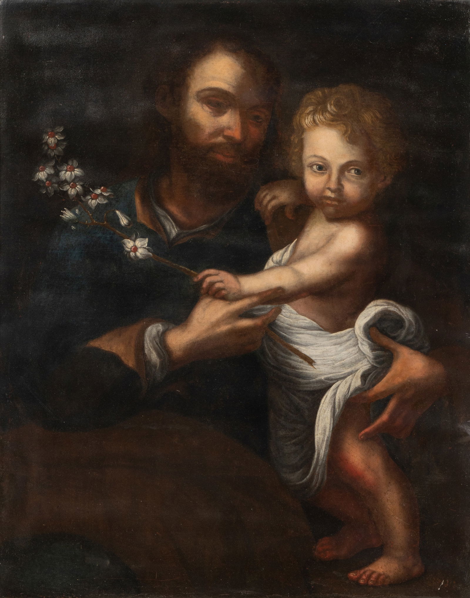 Continental School: Joseph and Christ Child with Lilies: oil on canvas, relined; unsigned 37 5/8 x 29 1/8 in. (95.6 x 74 cm.), Frame: 42 7/8 x 34 1/4 in. (108.9 x 87 cm.)