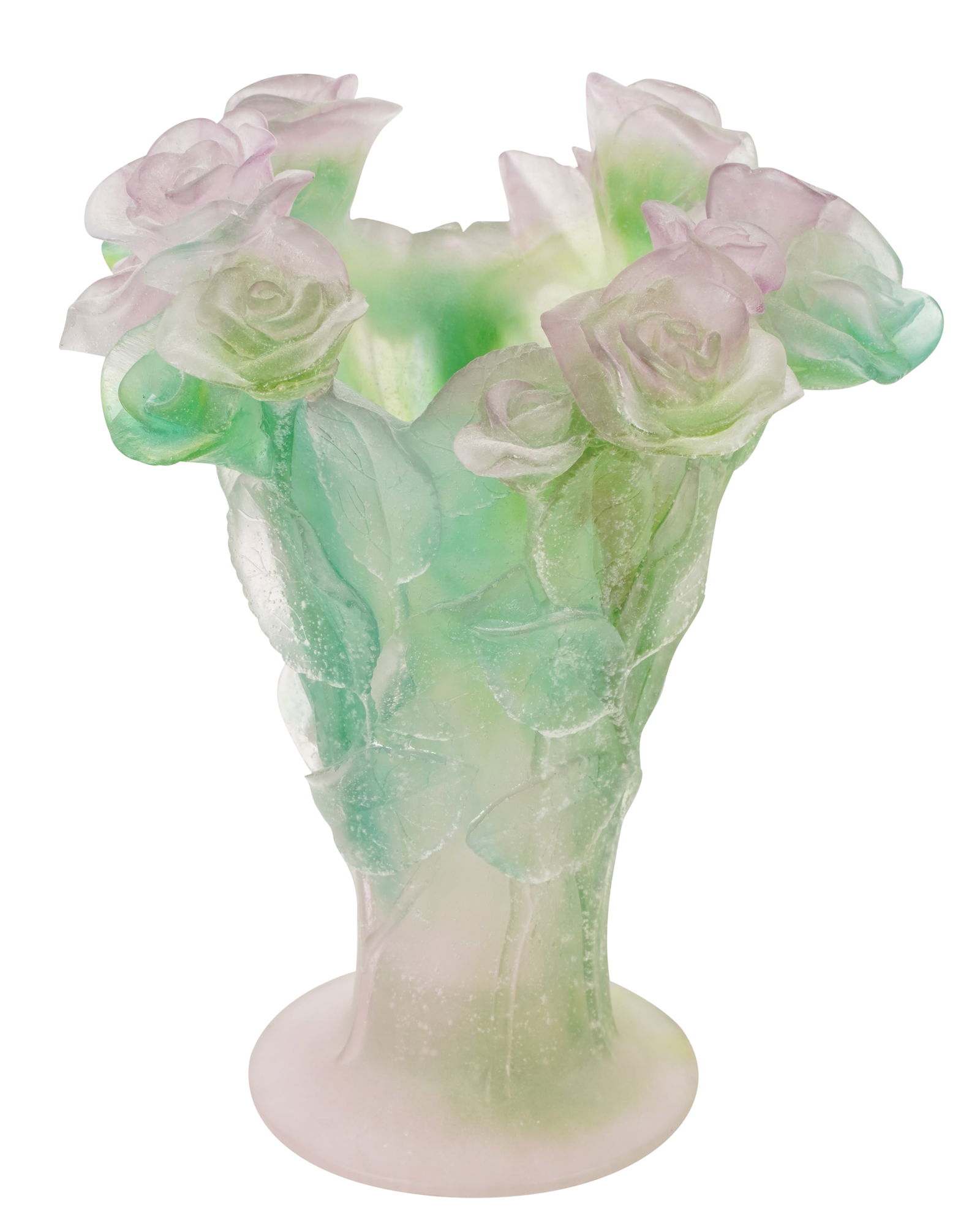 Daum Pate De Verre Rose Vase: signed "Daum" to underside 8 1/2 x 7 1/2 in. (21.6 x 19.1 cm.) Provenance: Property from the Dr. Levinson Estate, Los Angeles, California