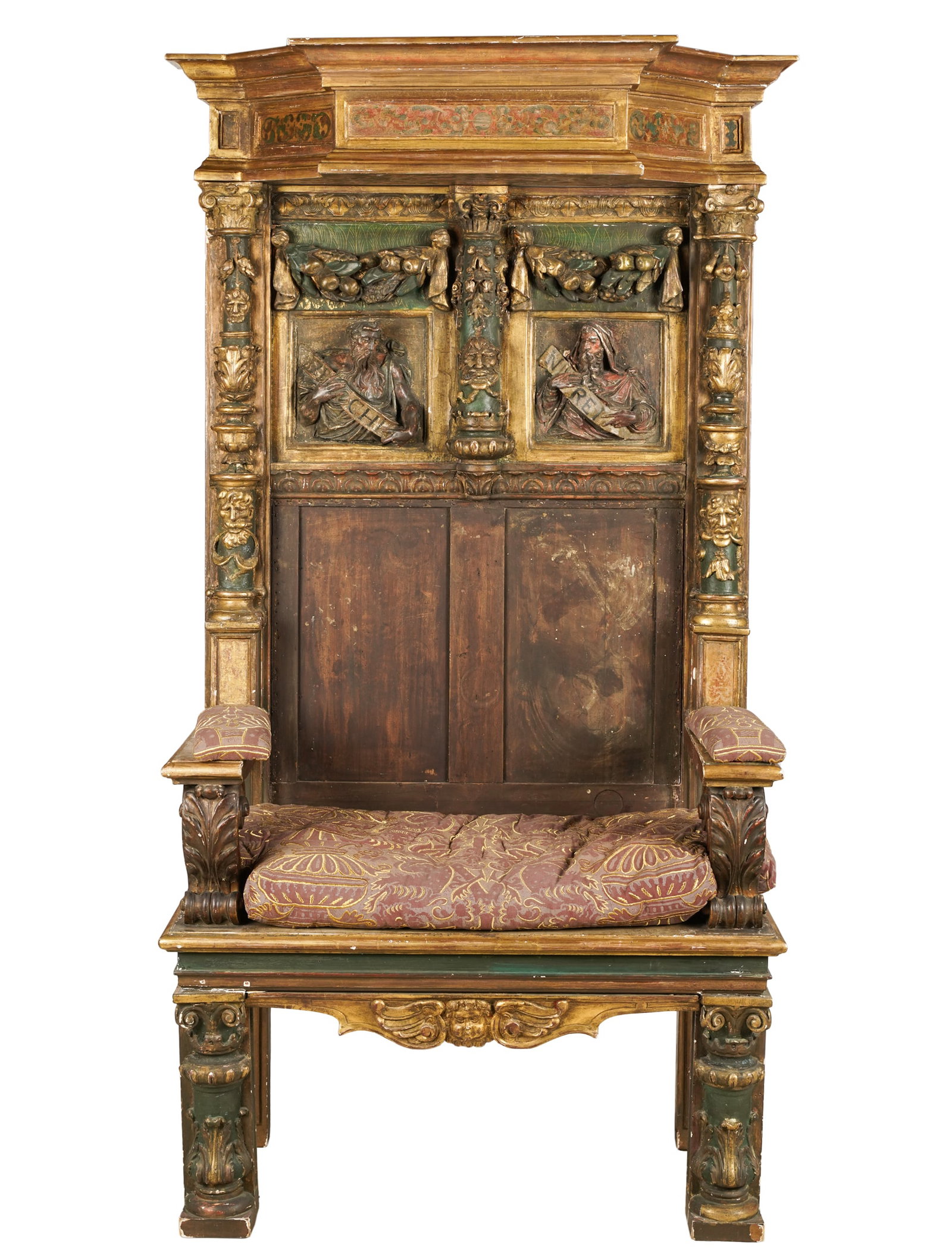 Venetian Carved Wood Chair: painted 80 1/2 x 41 x 18 in. (204.5 x 104.1 x 45.7 cm.), Seat height: 25 in. (63.5 cm.)