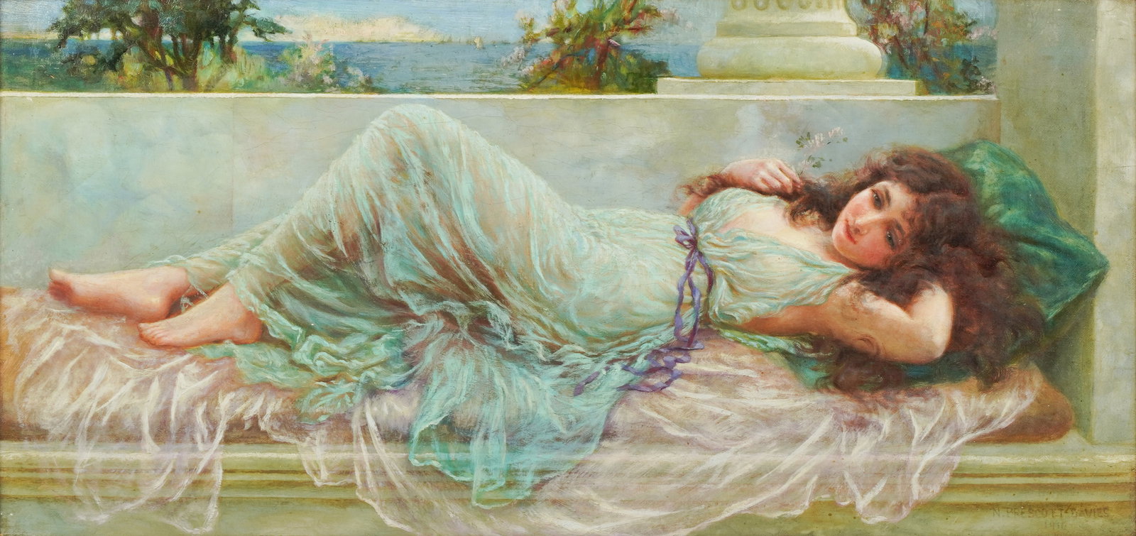 Norman Prescott Davies (1862-1915): Reclining Woman: Norman Prescott Davies (1862-1915) Reclining Woman oil on canvas 1916; signed and dated Sight: 11 3/4 x 24 3/4 in. (29.8 x 62.9 cm.), Frame: 20 1/2 x 33 1/2 in. (52.1 x 85.1 cm.) Provenance: Property