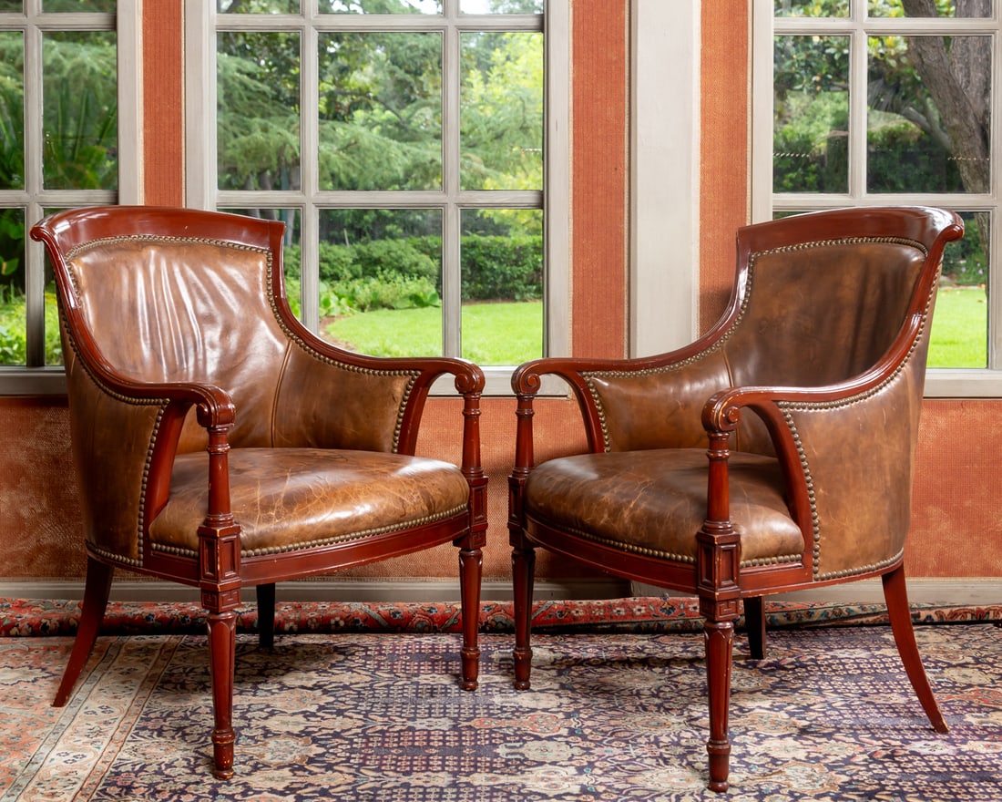 Pair of Leather-Covered Mahogany Bergeres (1 of 20)