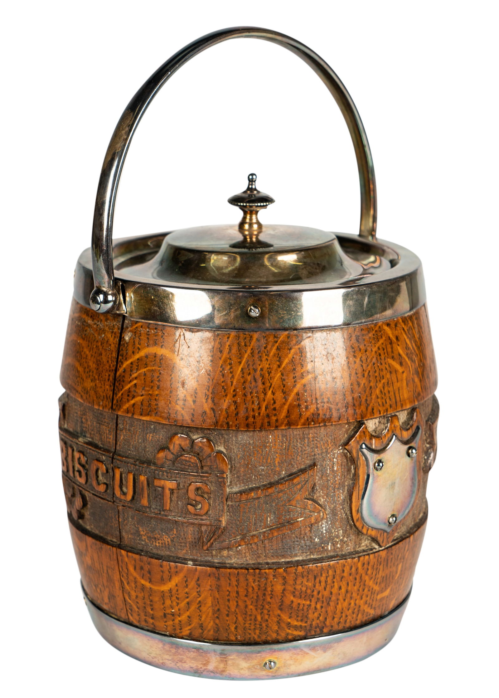 English Silverplate-Mounted Oak Biscuit Jar (1 of 11)