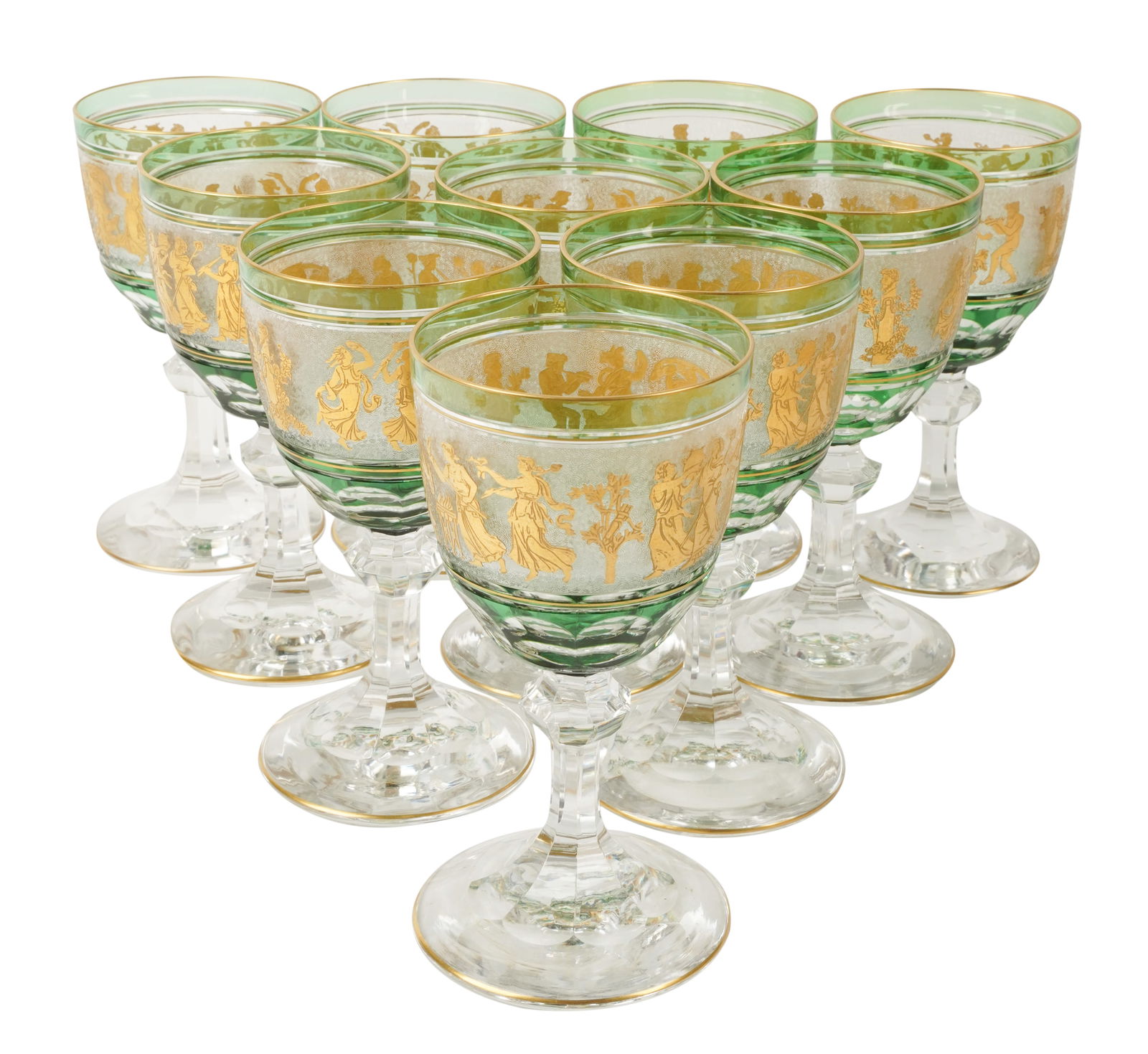 Set of Val St. Lambert Green, Clear and Gilt Goblets (1 of 8)