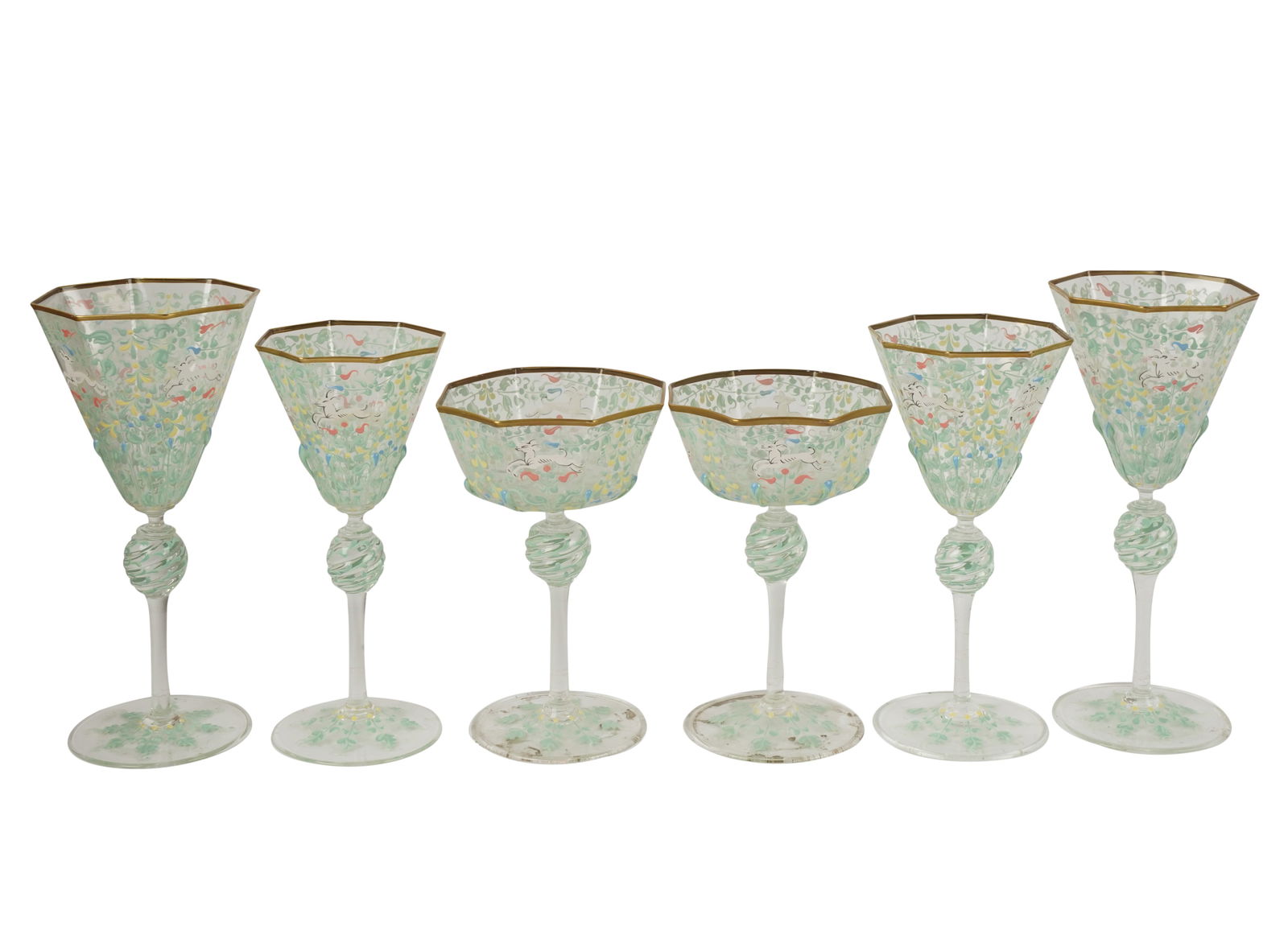 Salvati, Murano Hand-Painted Glass Stemware Service: unsigned; each with gilt rim; comprising 8 water goblets (7 1/2 x 3 1/2 in.), 8 wine glasses (7 x 3 in.), and 8 champagne coupes (6 x 3 1/2 in.) [24 pieces] Provenance: The Walter and Donna Conn Estat