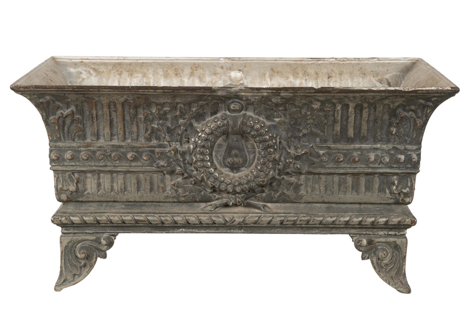 Neoclassical-Style Cast Metal Jardiniere: rectangular, with pierced drain holes 14 1/4 x 28 1/8 x 14 1/2 in. (36.2 x 71.4 x 36.8 cm.) Provenance: The Walter and Donna Conn Estate; located within the desirable estate enclave of San Marino. Des