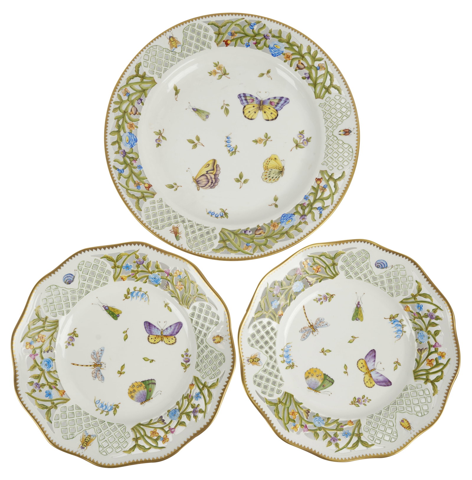 Group of Anna Weatherley Porcelain: "Garden Party"; comprising a round platter dated 2003 (12 3/4 in. diameter) and two bowls (10 5/8 in. diameter); each with pierced rim; each with factory marks and artist signatures [3 pieces]