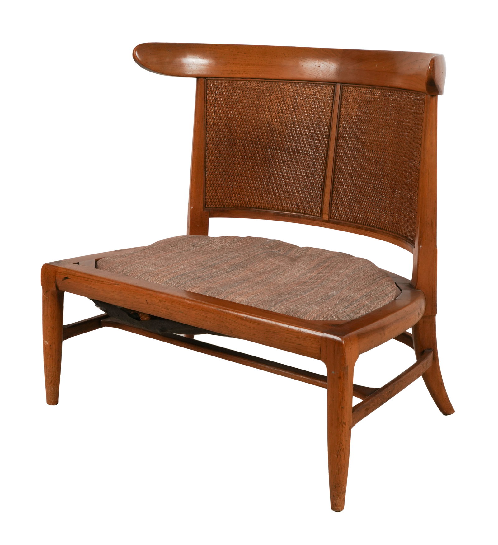 Mid Century Modern Lounge Chair: with woven back and removable cushion; unsigned 28 x 26 1/2 x 24 in. (71.1 x 67.3 x 61 cm.), Seat height: 12 in. (30.5 cm.)