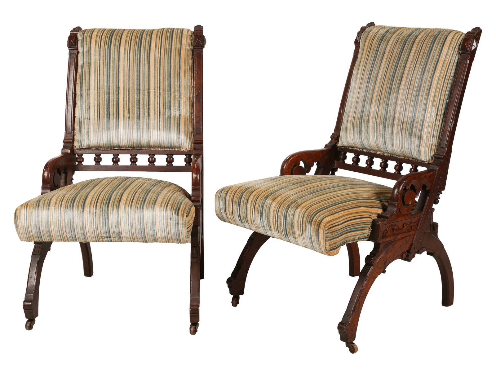 Pair of Eastlake Slipper Chairs: 19th century; covered in later, striped fabric 34 1/2 x 19 x 22 in. (87.6 x 48.3 x 55.9 cm.), Seat height: 16 in. (40.6 cm.)