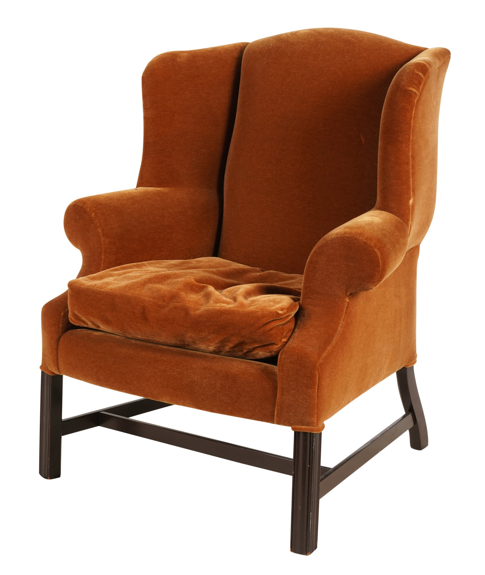 English Wing Chair: covered in rust-colored fabric 41 x 36 x 31 in. (104.1 x 91.4 x 78.7 cm.), Seat height: 18 in. (45.7 cm.)
