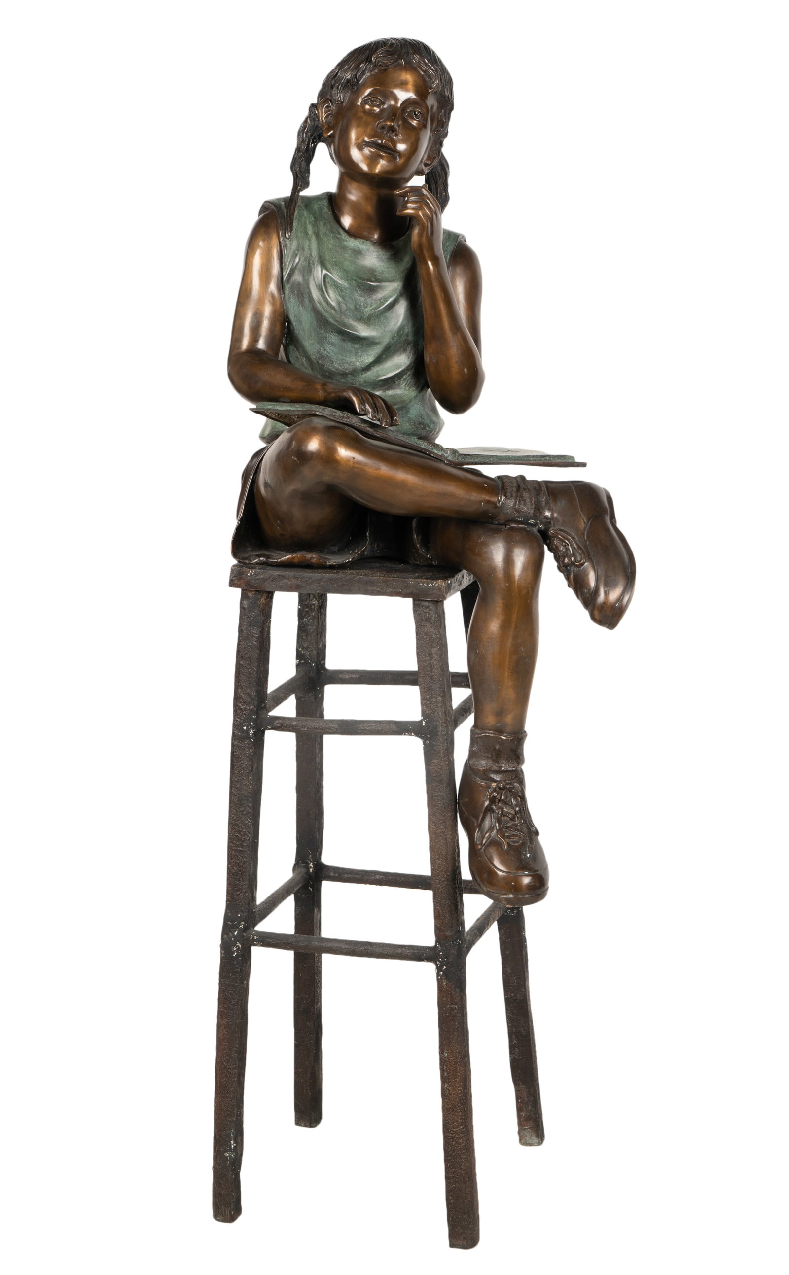 Patinated Bronze Figure of a Girl: unsigned; depicted seated on a stool reading a book of proverbs The figure: 26 x 16 1/2 x 24 in. (66 x 41.9 x 61 cm.), Overall height: 61 in. (154.9 cm.)