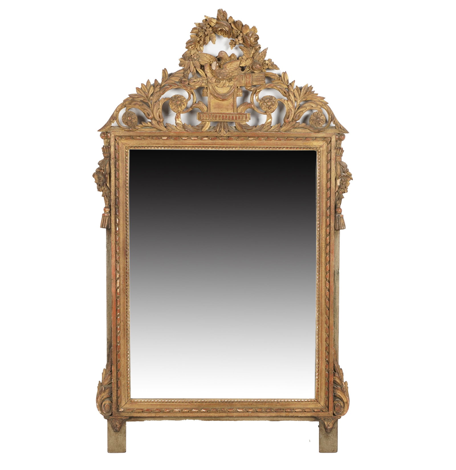 Carved Giltwood Wall Mirror: crested with bird and floral garland 55 x 31 in. (139.7 x 78.7 cm.)