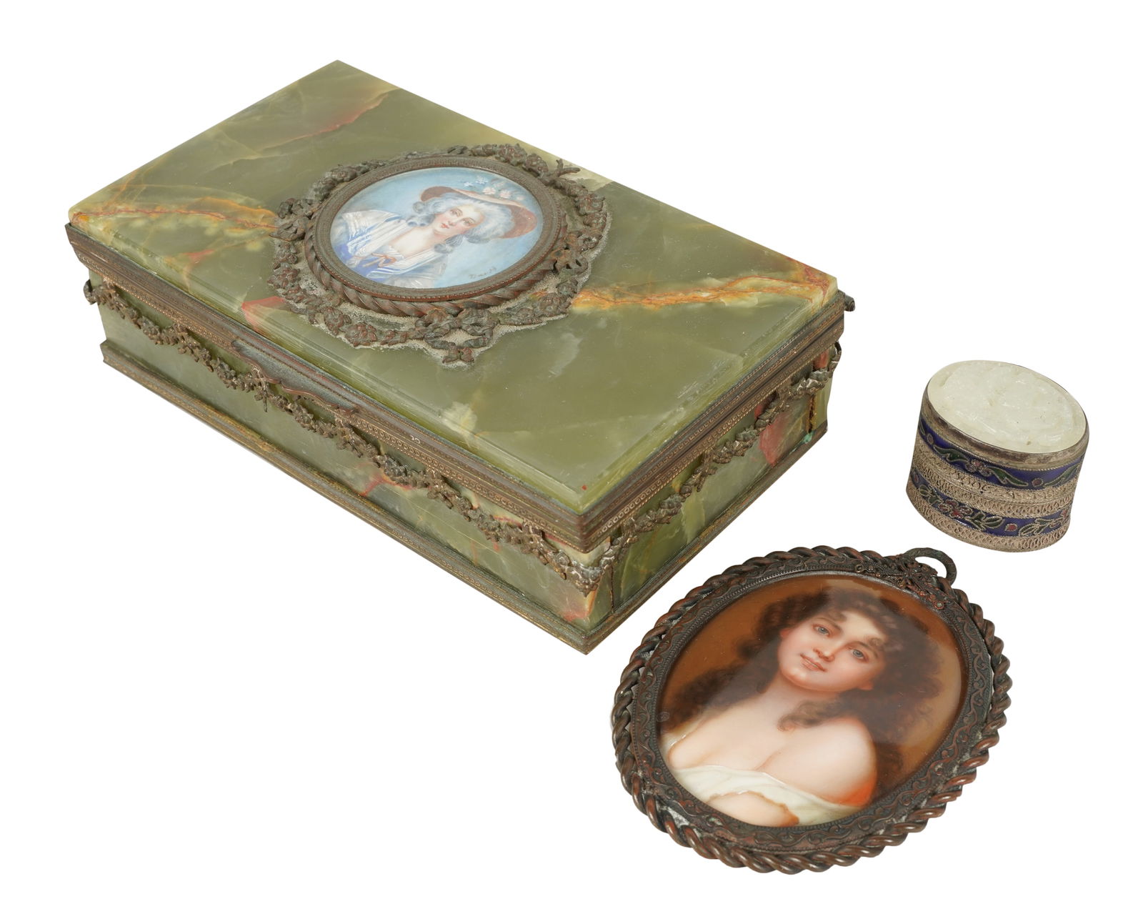Two Continental Boxes and a Portrait Miniature: comprising a metal-mounted green onyx dresser box with inset portrait (2 1/2 x 7 x 4 1/2 in.), a Chinese metal and enamel pill box with carved stone top, and an oval portrait miniature with metal fram