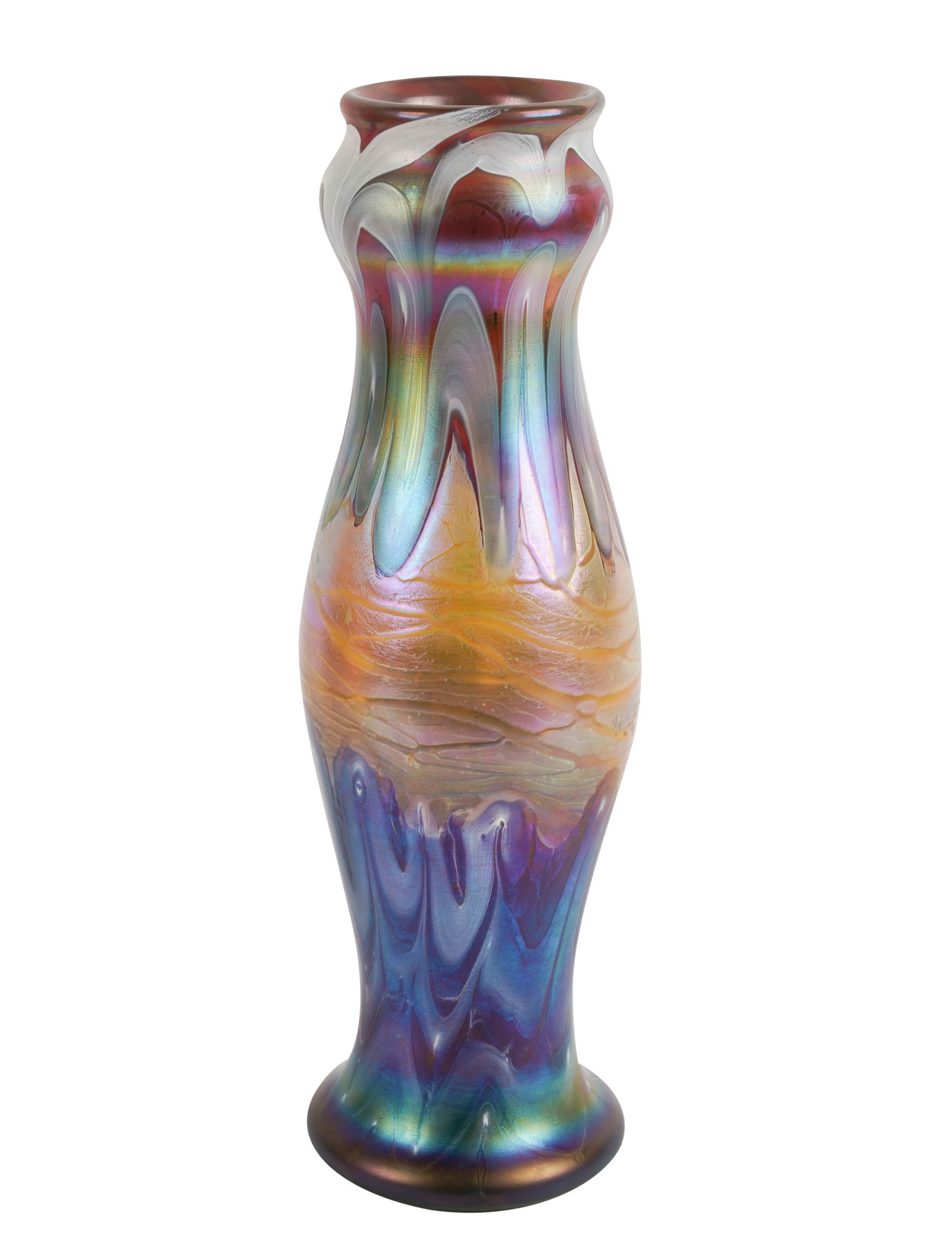 Art Glass Vase: in the style of Franz Hofstotter for Loetz; unsigned 14 1/2 x 3 3/4 in. (36.8 x 9.5 cm.)