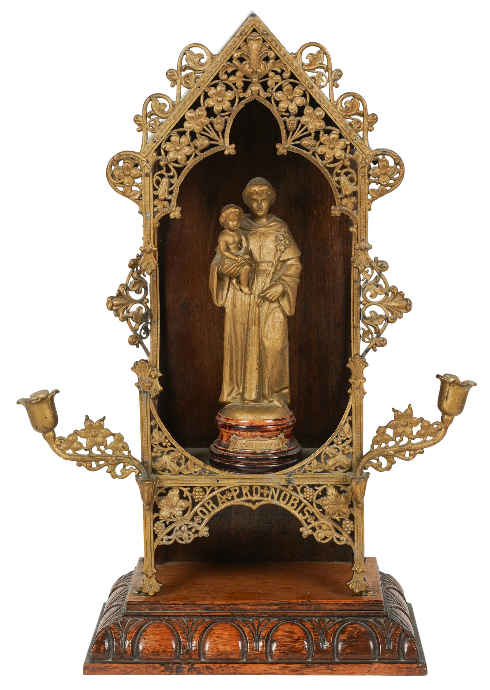 Continental Carved Oak and Gilt Metal Altar: depicting St. Anthony 20 x 13 1/2 x 6 in. (50.8 x 34.3 x 15.2 cm.)