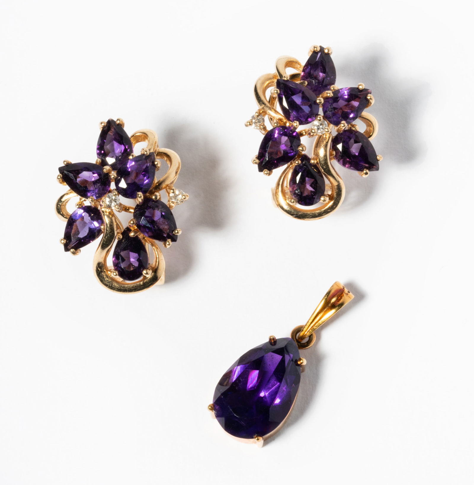 Yellow Gold Diamond and Amethyst Earrings and Pendant (1 of 5)