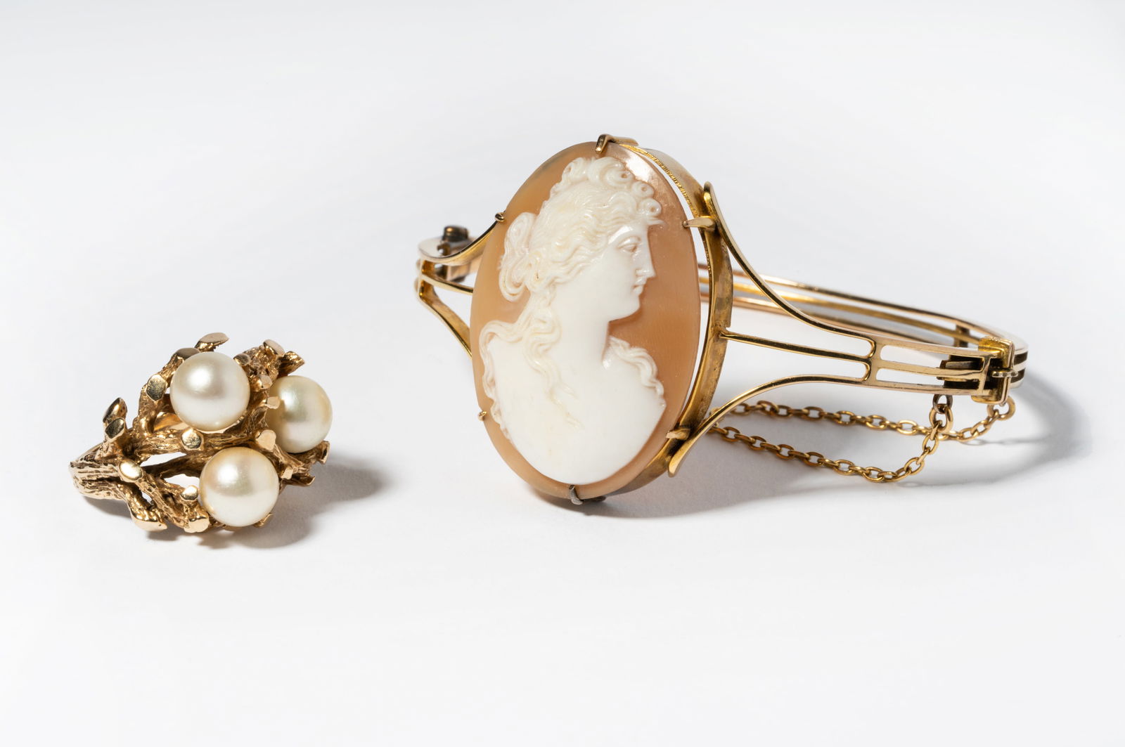 Gold Hinged Bangle Cameo Bracelet With Pearl Ring (1 of 10)