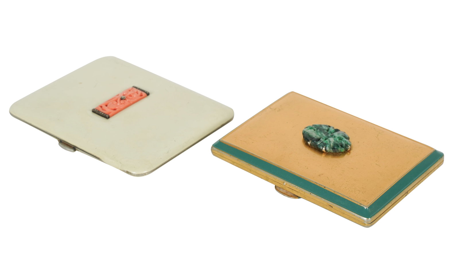 Gem-set Enameled Card Case and Compact: the card case inset with coral-style stone and stamped "Made in France / 14302" to interior, 3 1/4 x 2 3/4 in. (8.3 x 7 cm.); the Fillkwik compact with prong-mounted jade-style stone, 3 1/4 x 2 1/4 in
