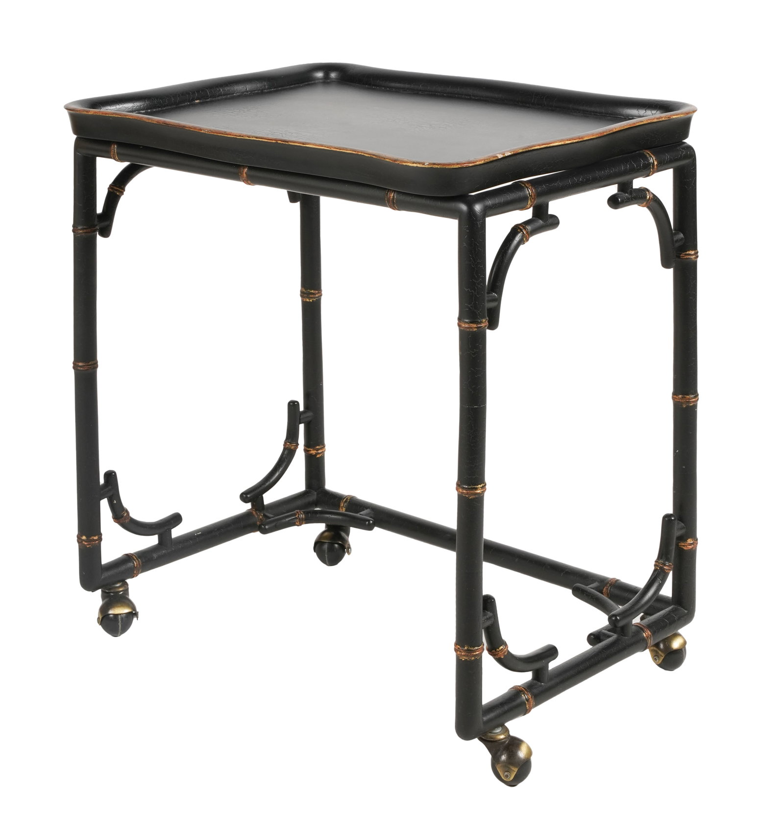 Faux Bamboo Black and Gilt Lacquered Rolling Cart: with removable tray top 24 1/2 x 23 1/4 x 17 1/2 in. (62.2 x 59.1 x 44.5 cm.) Provenance: Property from a Wilshire Corridor Penthouse Estate, Los Angeles, California
