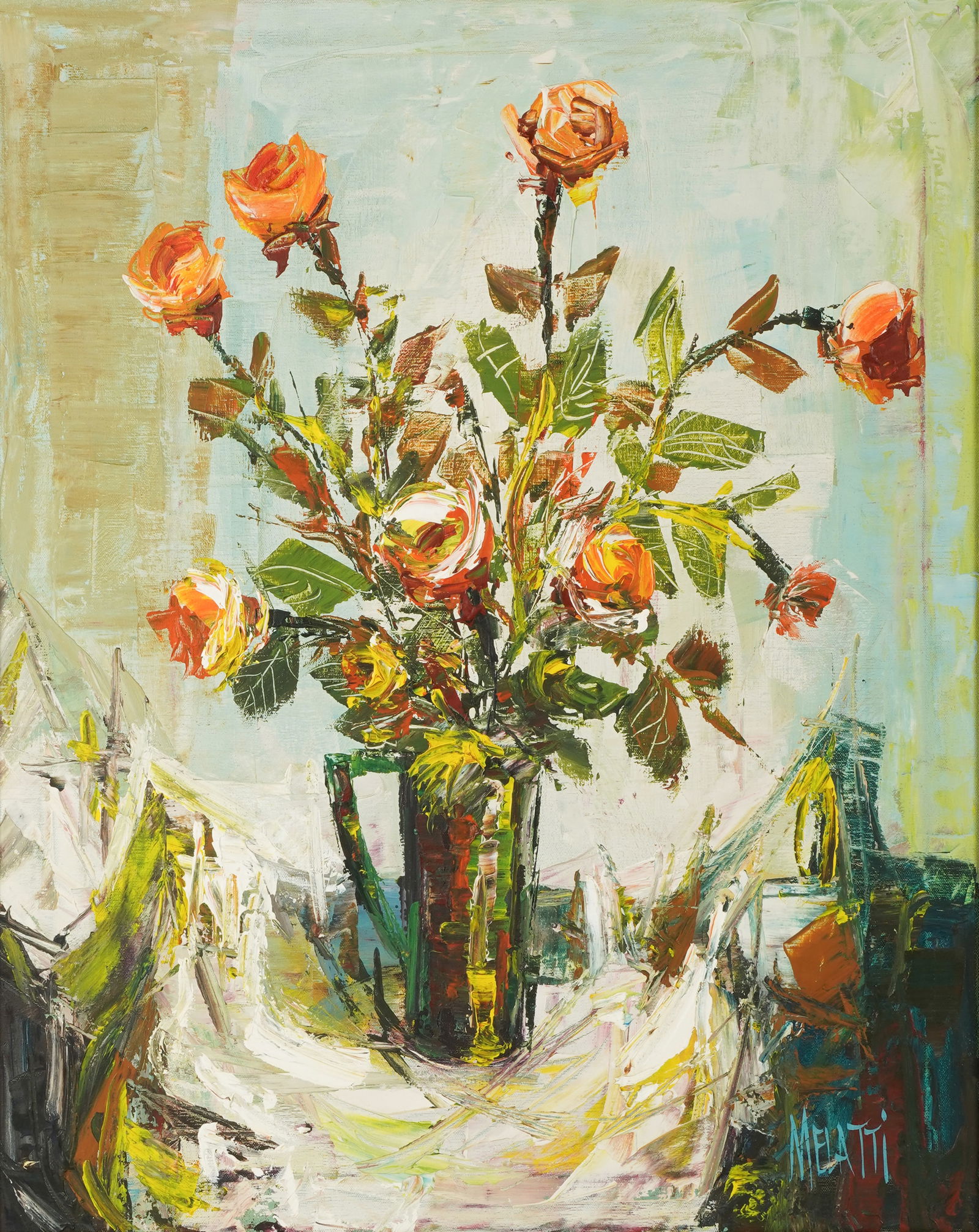 20th Century: Floral Still Life: oil on canvas; signed "Melatti" lower right 30 x 24 in. (76.2 x 61 cm.), Frame: 40 1/2 x 34 1/2 in. (102.9 x 87.6 cm.) Provenance: From a Beverly Hills William Haines Designed home