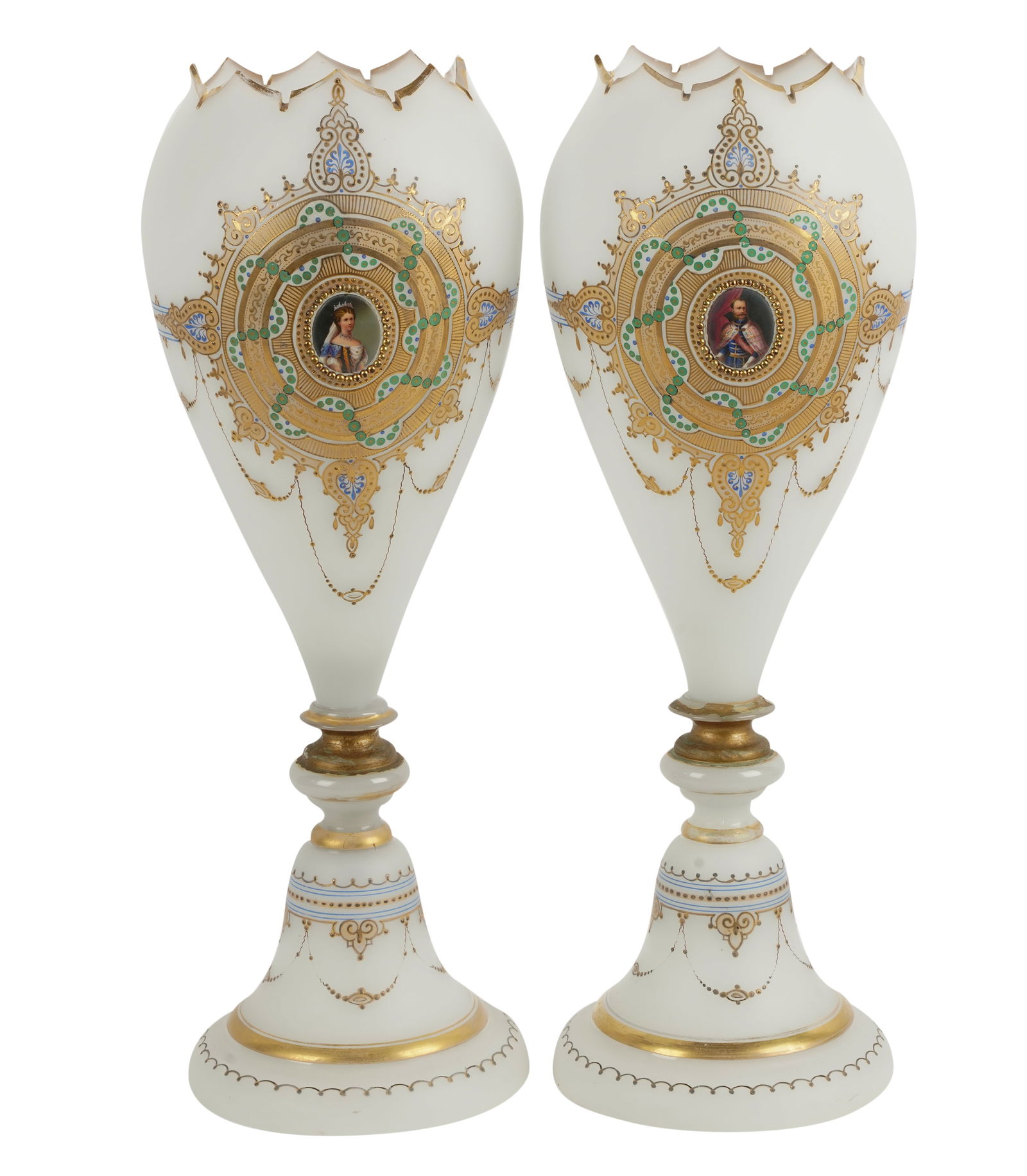 Pair of Continental White Satin Glass Portrait Vases (1 of 10)