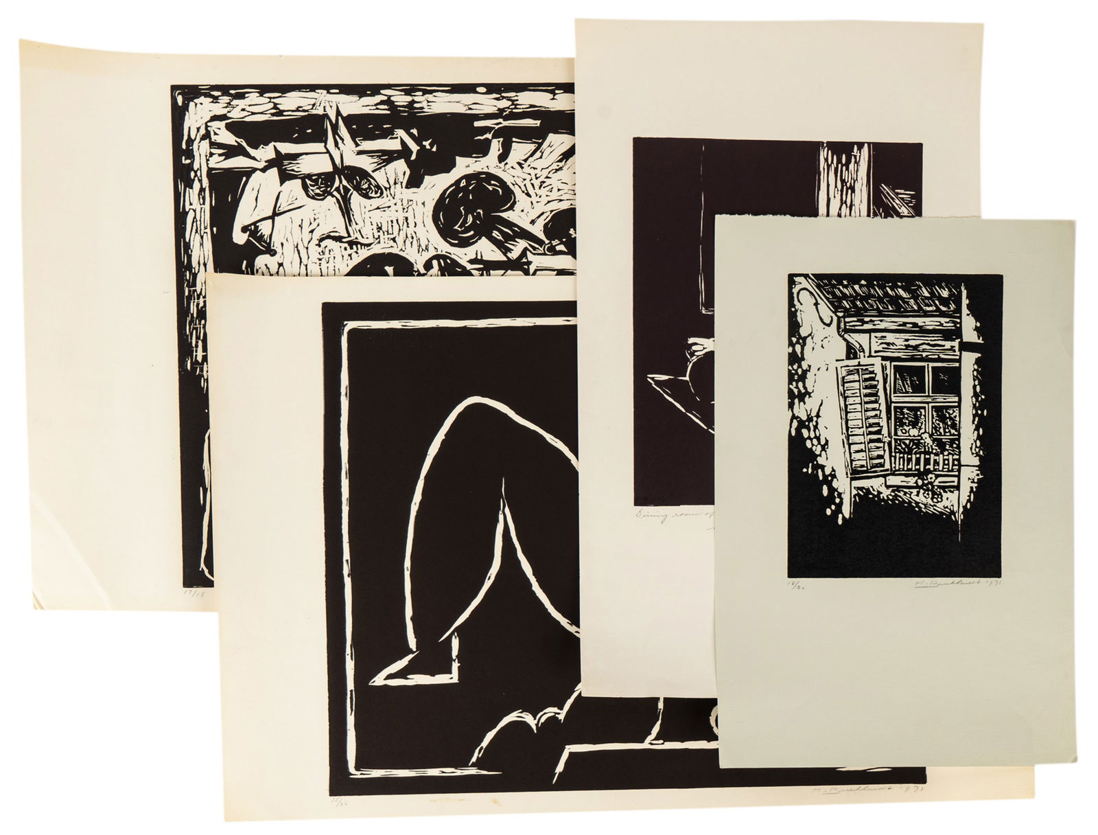 Hans Burkhardt (1904-1994): Four Works: each: woodcut in black and white on paper; each pencil-signed and dated; the first: "Dining Room of Mark and Tobey", 1971, titled in pencil to lower margin and with the artist's blind stamp lower righ