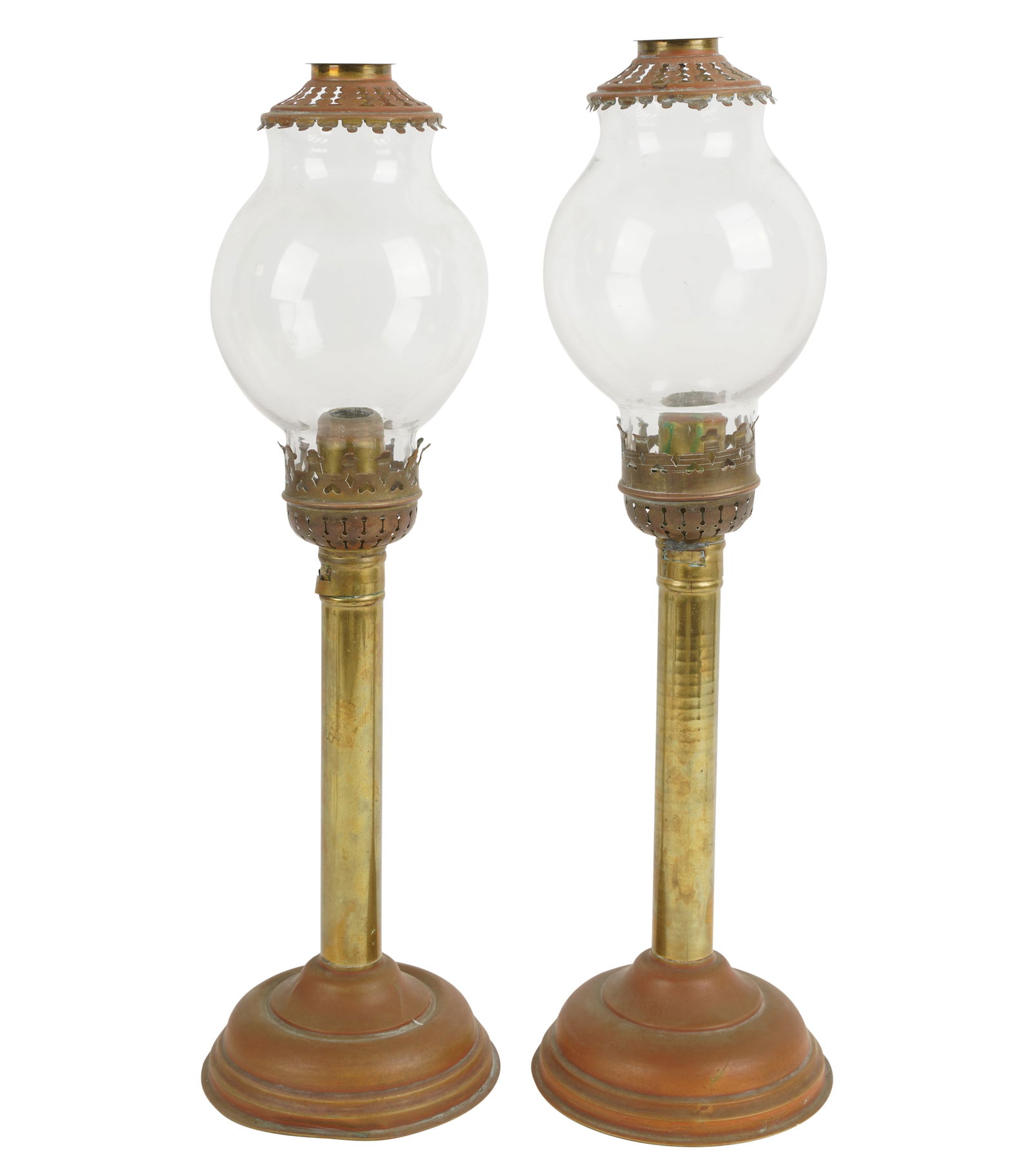 Pair of Victorian Brass and Glass Candle Hurricane Lamps (1 of 9)