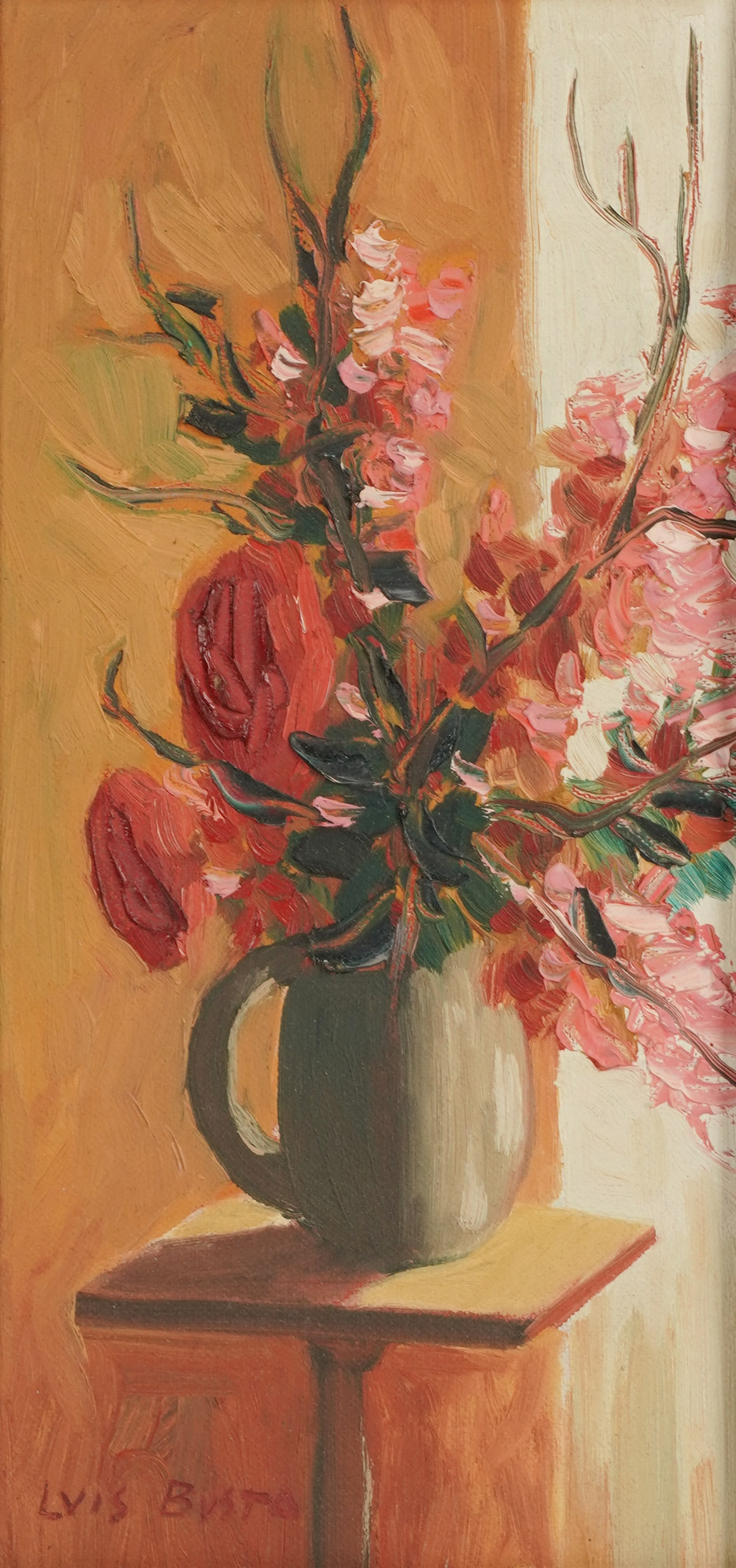 Luis Busta (B.1931): Floral Still Life: Luis Busta B.1931 Floral Still Life oil on board signed lower left 12 x 6 in. (30.5 x 15.2 cm.), Frame: 21 1/8 x 15 1/4 in. (53.7 x 38.7 cm.) Provenance: From a Beverly Hills William Haines Designed h