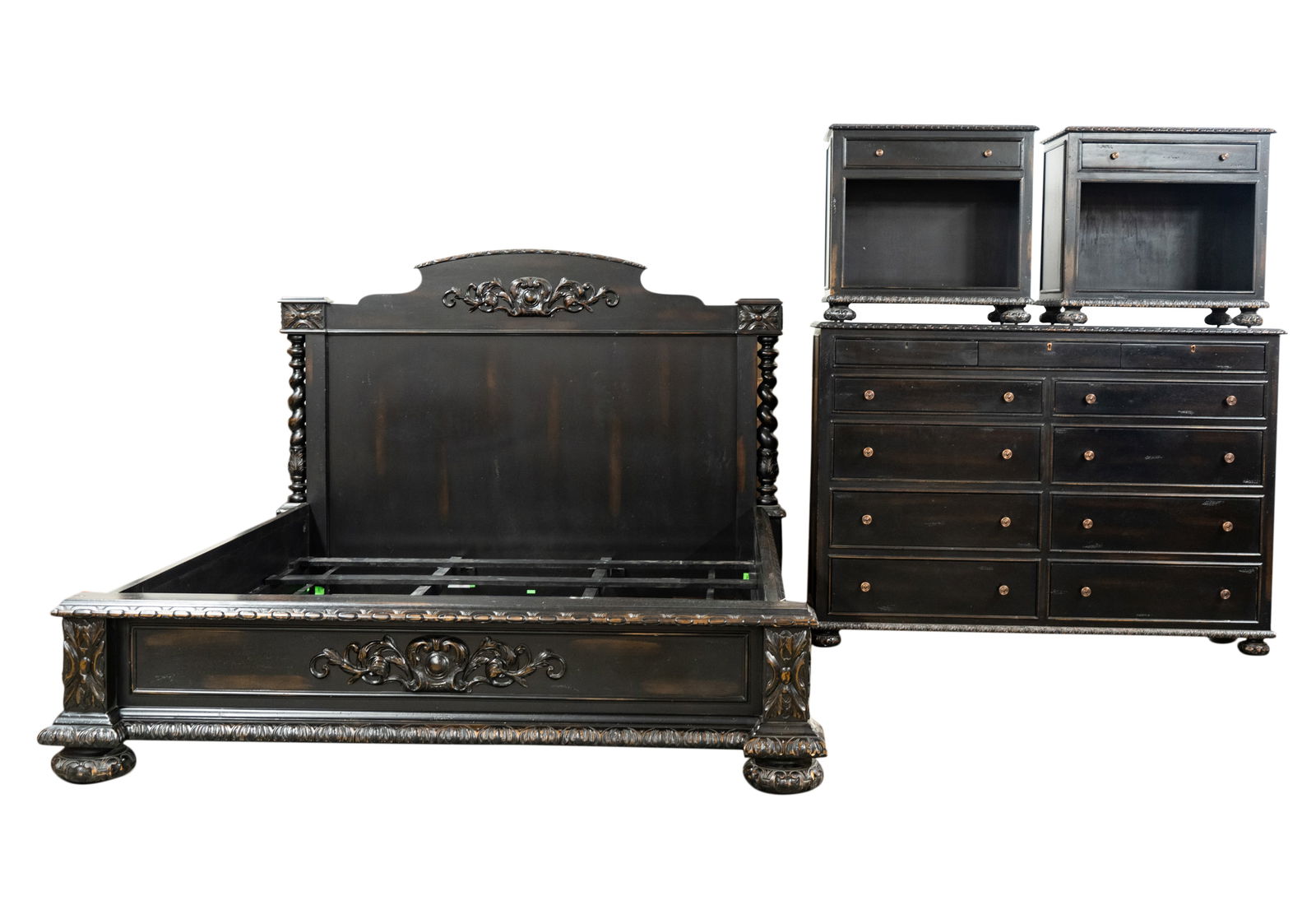 Carved Wood Bedroom Suite: late 20th/21st century; comprising a dresser (50 1/4 x 71 x 19 1/2 in.), a pair of nightstands (30 x 32 x 19 1/2 in.), and a bed (Approximately 61 3/4 x 99 1/2 x 85 1/2 in., Inner frame: 73 x 85 in.)