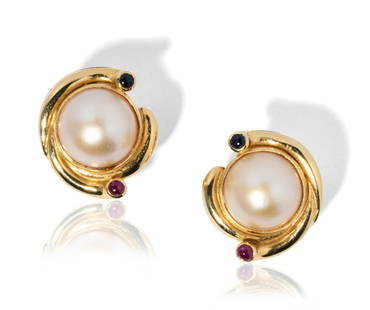 Pair of 18 Karat Yellow Gold, Mabe Pearl, Ruby and Sapphire Earrings: One pair 18 Kt. yellow gold earrings with combination post/Omega clip backs, center bezel set with two hemicylindrical round Mabe' Cultured Pearls, 13.57 mm. and 13.89 mm. each in diameter, accented w