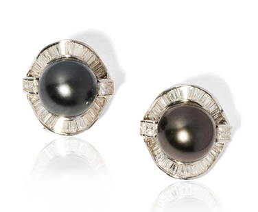 14 Karat White Gold, Diamond, and Tahitian Pearl Earrings: white gold earrings with combination post/ Omega clip backs, center peg set with two half-drilled spherical Tahitian Cultured Pearls, 11.89 mm. and 11.91 mm. each in diameter, accented with eight prin