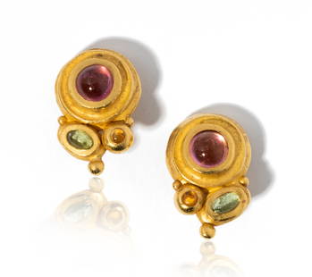 Denise Roberge' High Karat Yellow Gold and Multi-Colored Tourmaline Earrings: gold earrings with Omega clip backs for non-pierced ears, bezel set with two round cabochon cut Pink Tourmalines, approximate total weight 2.94 ct., two round cabochon cut Orange Tourmalines, approxim