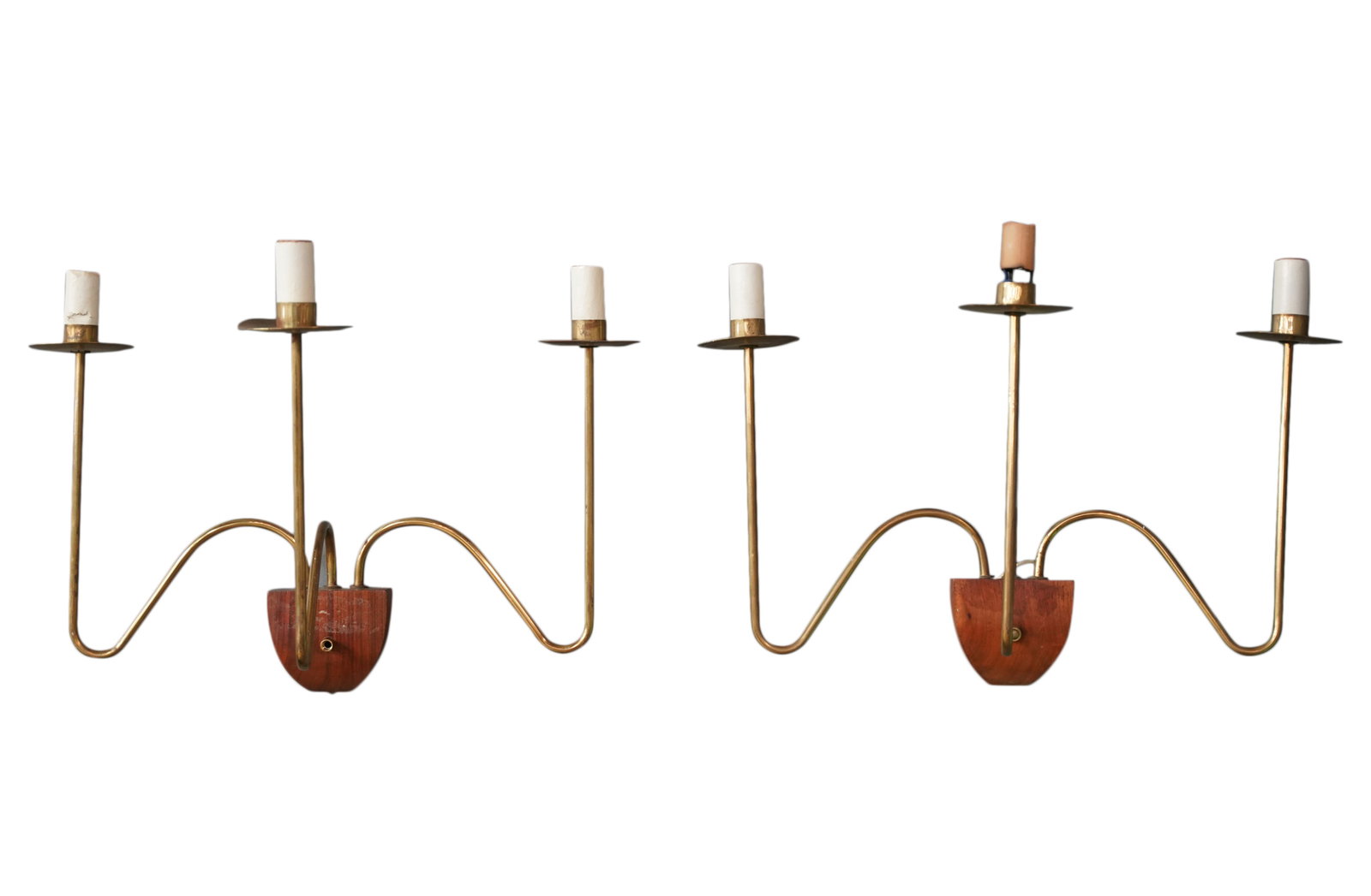 Pair of MCM Wood and Brass Three-Light Sconces (1 of 20)