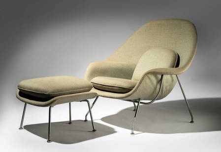 Eero Saarinen for Knoll: Womb Chair and Ottoman: chrome-plated steel, fabric; unsigned; Chair: 36 1/2 x 40 x 33 in. (92.7 x 101.6 x 83.8 cm.), Seat height: 16 in. (40.6 cm.), Ottoman: 16 x 24 x 20 in. (40.6 x 61 x 50.8 cm.)