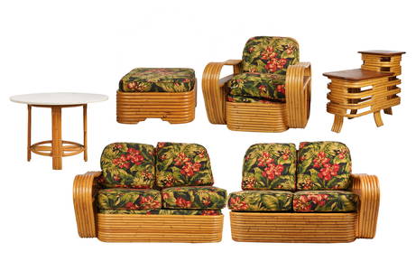 Paul T. Frankl (1887-1958): Suite of Furniture: Paul Frankl: Rattan and Maple Furniture Suite comprising a two-part sofa (Overall: 33 x 104 x 40 in., seat height: 17 in.), an armchair (33 x 33 x 38 in., seat height: 16 in.), an ottoman (14 x 24 x 2