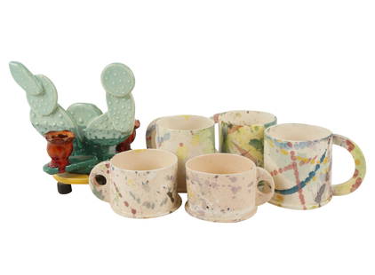 Peter Shire (B. 1947): Five Mugs and a Cactus Candelabra: each: glazed ceramic; each impressed "EXP", three mugs also impressed "Rollin w/ Rolando" Cactus: 7 1/2 x 7 3/4 x 5 1/4 in. (19.1 x 19.7 x 13.3 cm.), Three mugs: 3 5/8 in. (9.2 cm.), Two mugs: 2 1/2 i