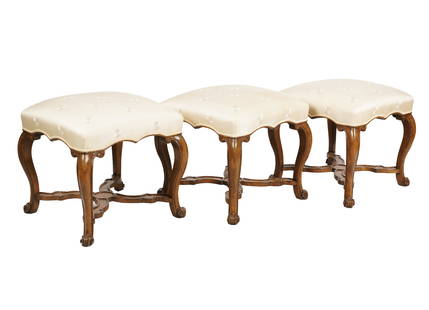 Three Minton Spidell Upholstered Stools: with Minton Spidell label Each: 21 1/2 x 21 1/2 x 21 1/2 in. (54.6 x 54.6 x 54.6 cm.)